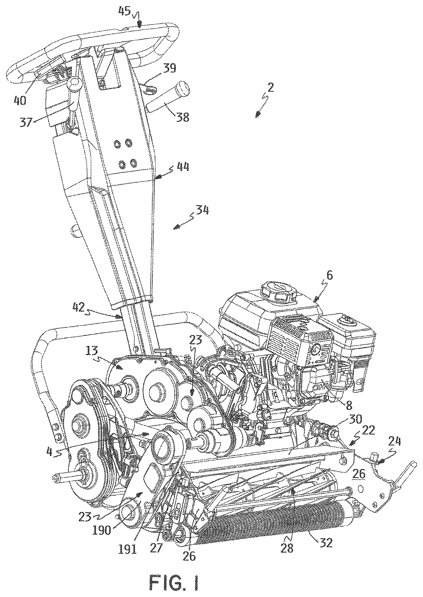 Patent US11771000 — Walk reel mower with common mount — Figure 1