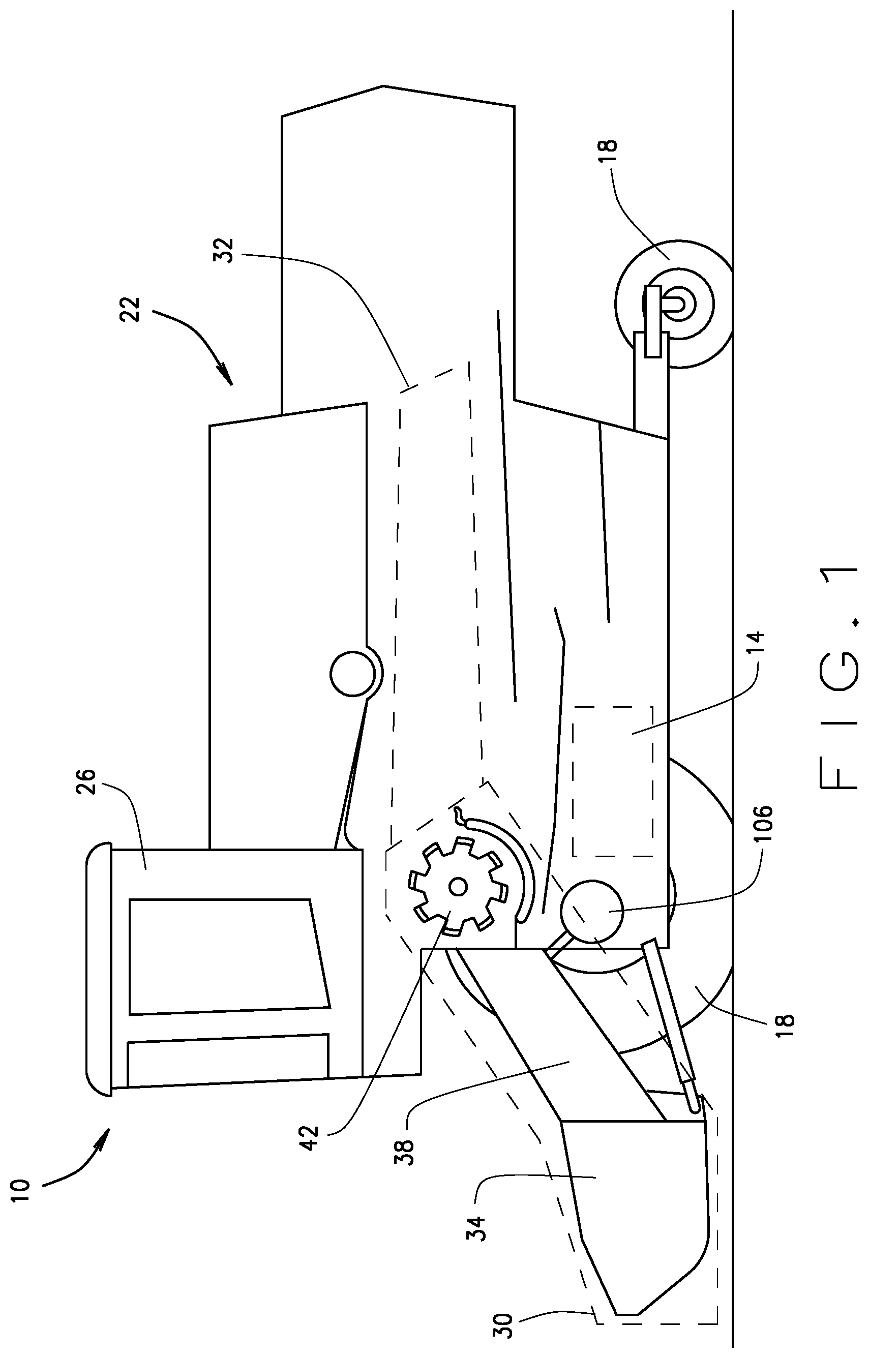 Patent US11771006 — Plant product harvesting machine feederhouse — Figure 1