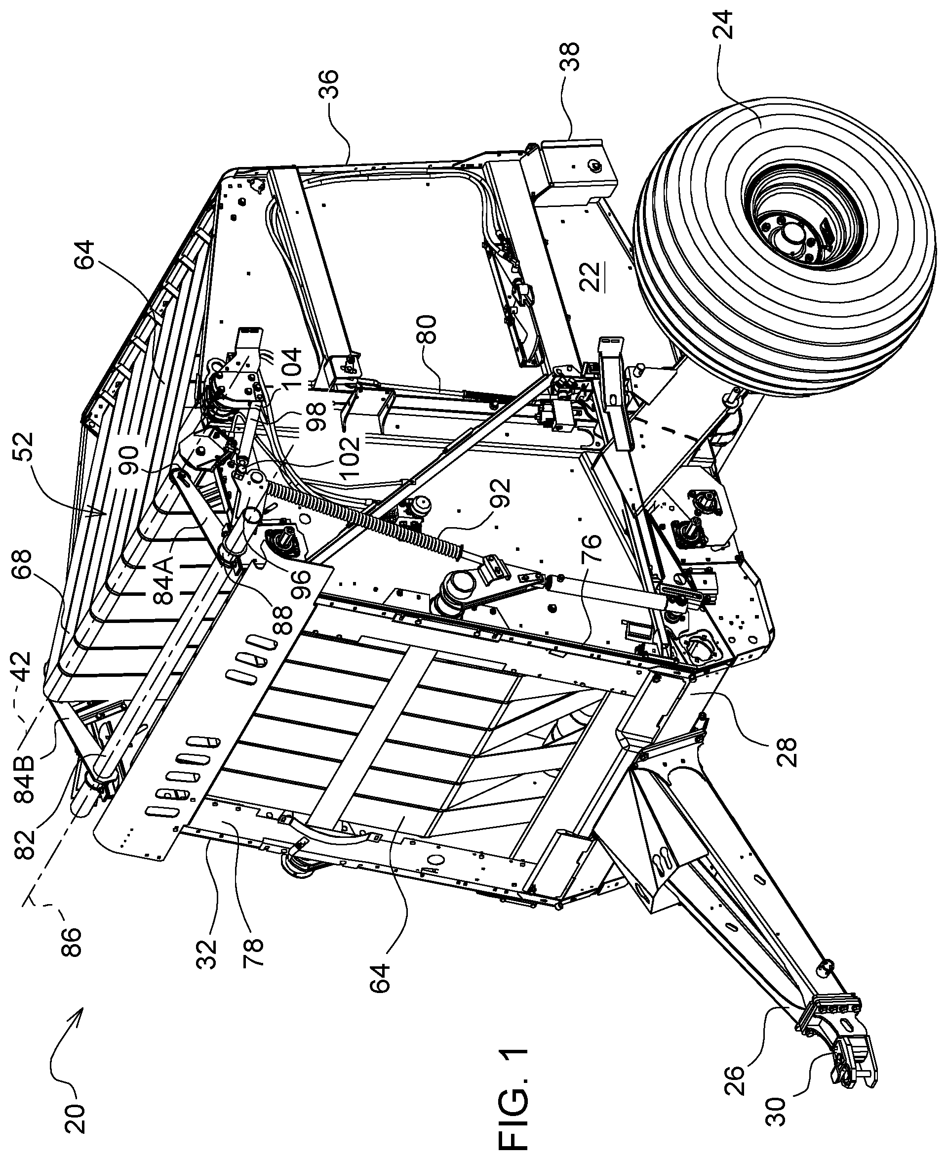 Patent US11771010 Figure 1 – Round baler with position controlled take-up roller, and method of operating a round baler