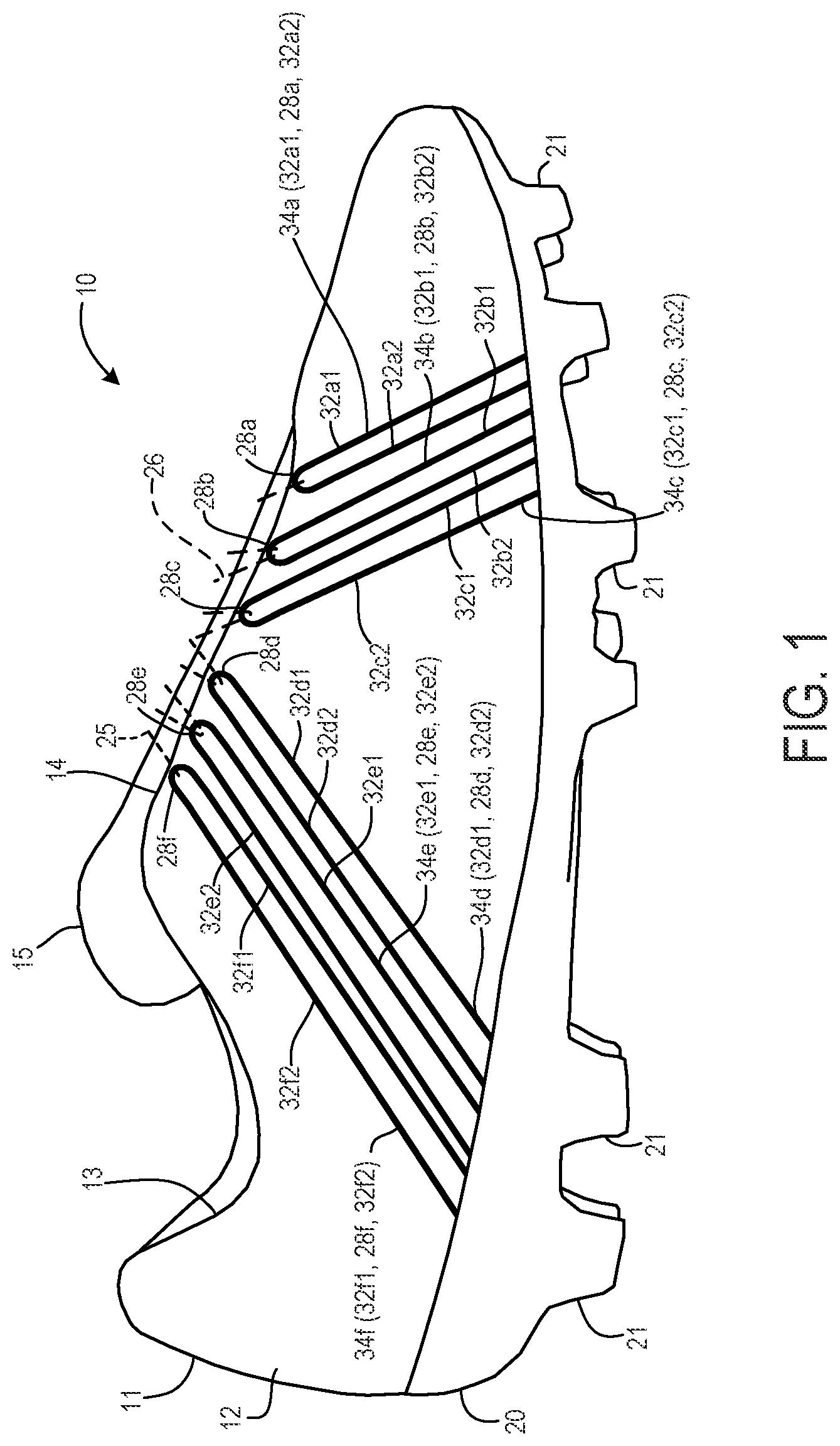 Patent US11771176 Figure 1 – Footwear with aligned tensile restraints