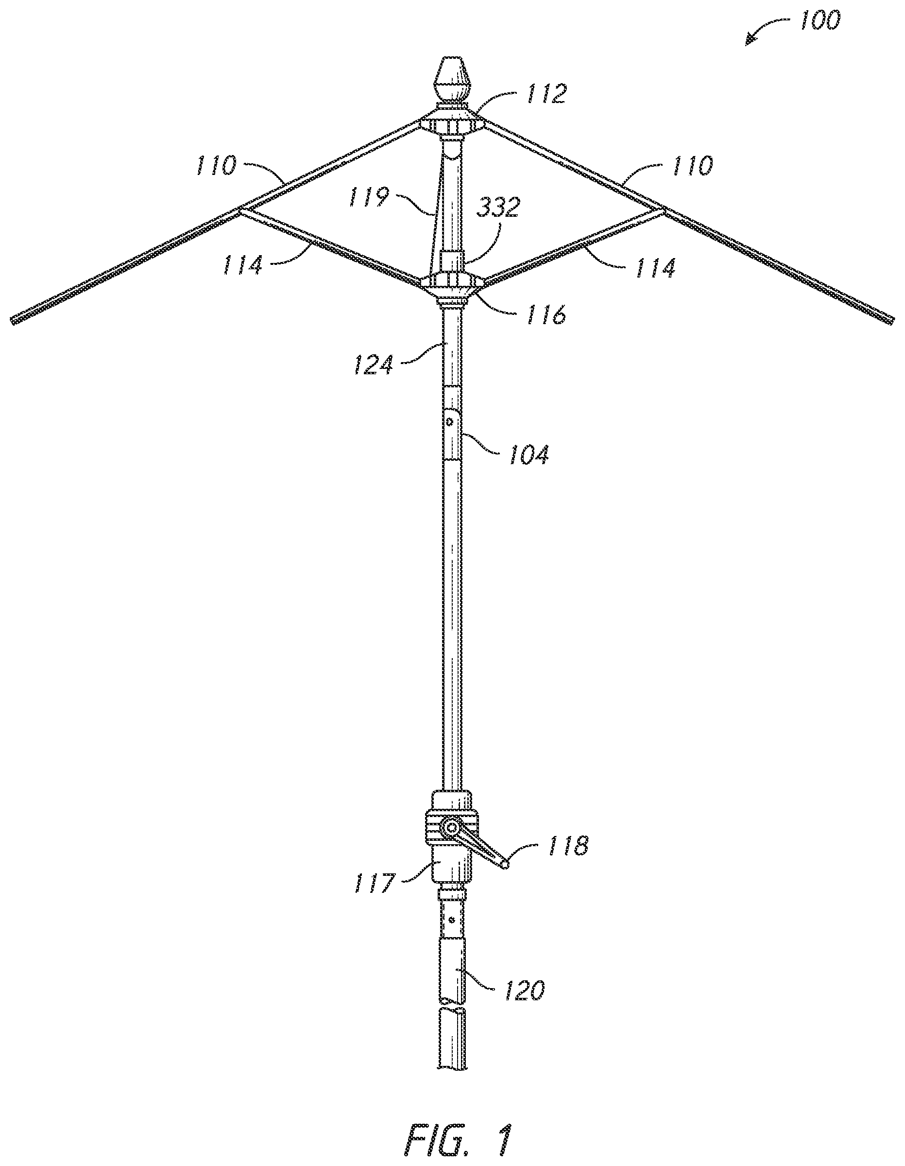 Patent US11771186 — Tiltable umbrella with removable guide track — Figure 1