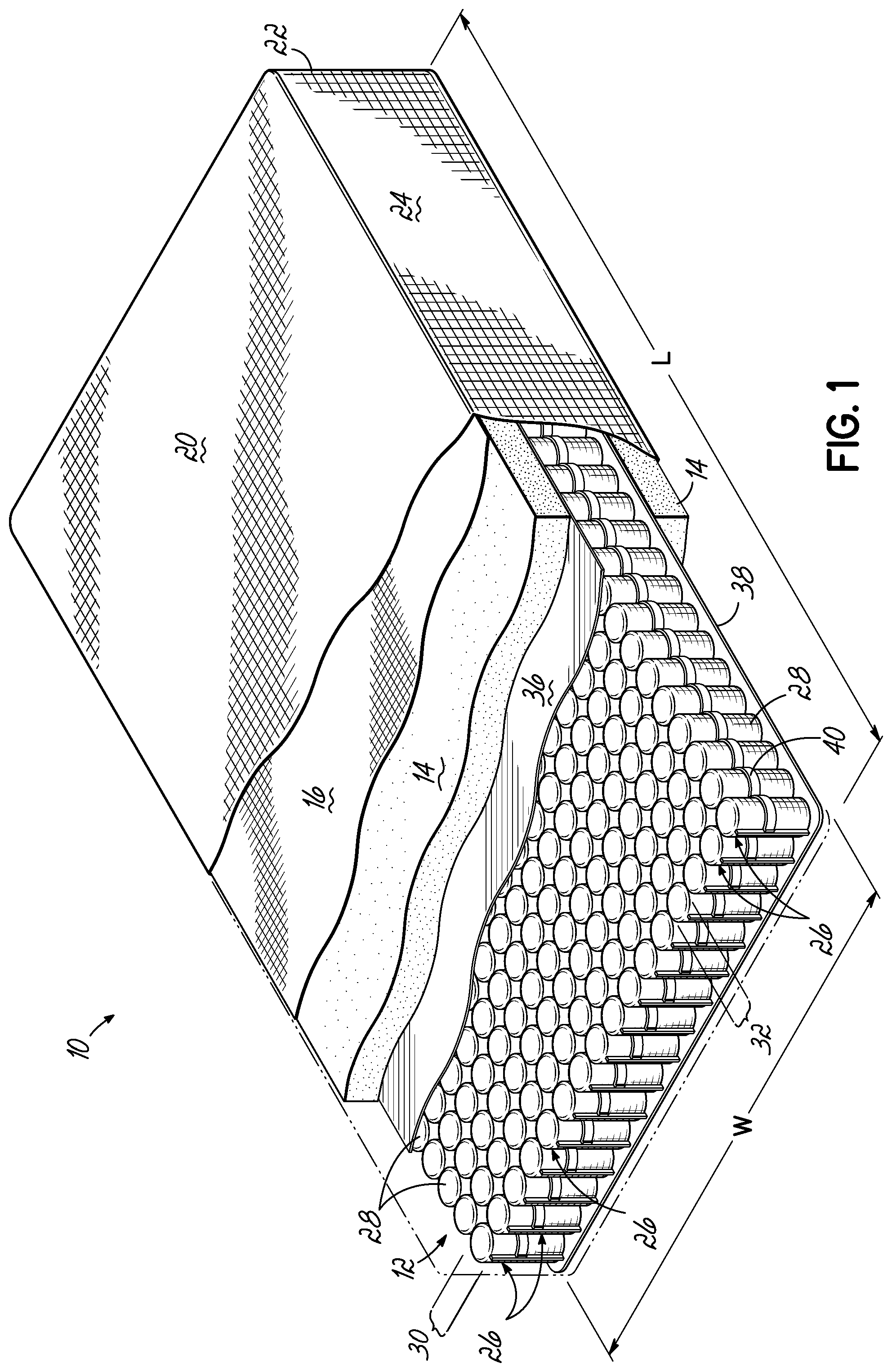 Patent US11771235 Figure 1 – Pocketed spring assembly having dimensionally stabilizing substrate
