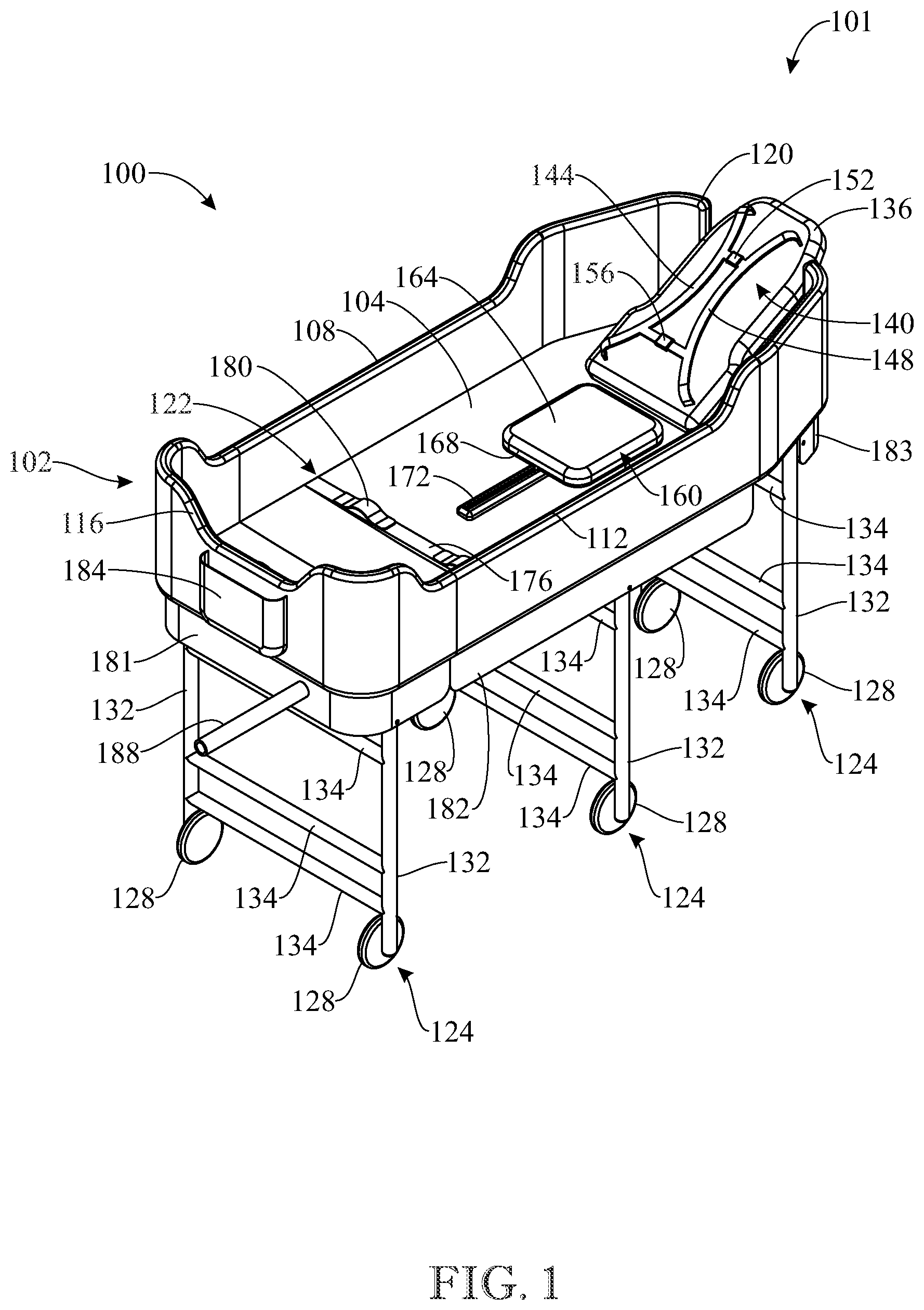 Patent US11771268 — Rolling medical bedside bathing tub — Figure 1