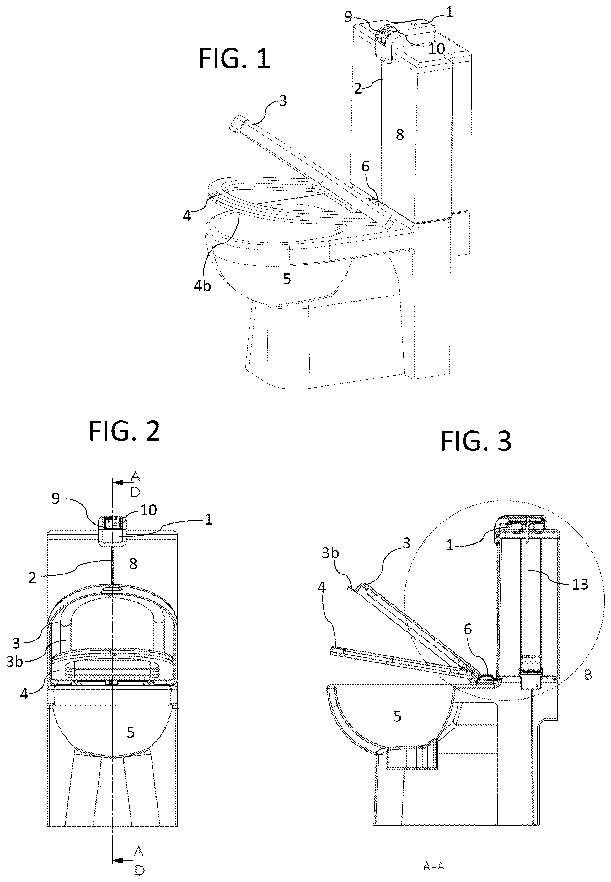 Patent US11771274 Figure 1 – Toilet lid and seat closer and flushing system