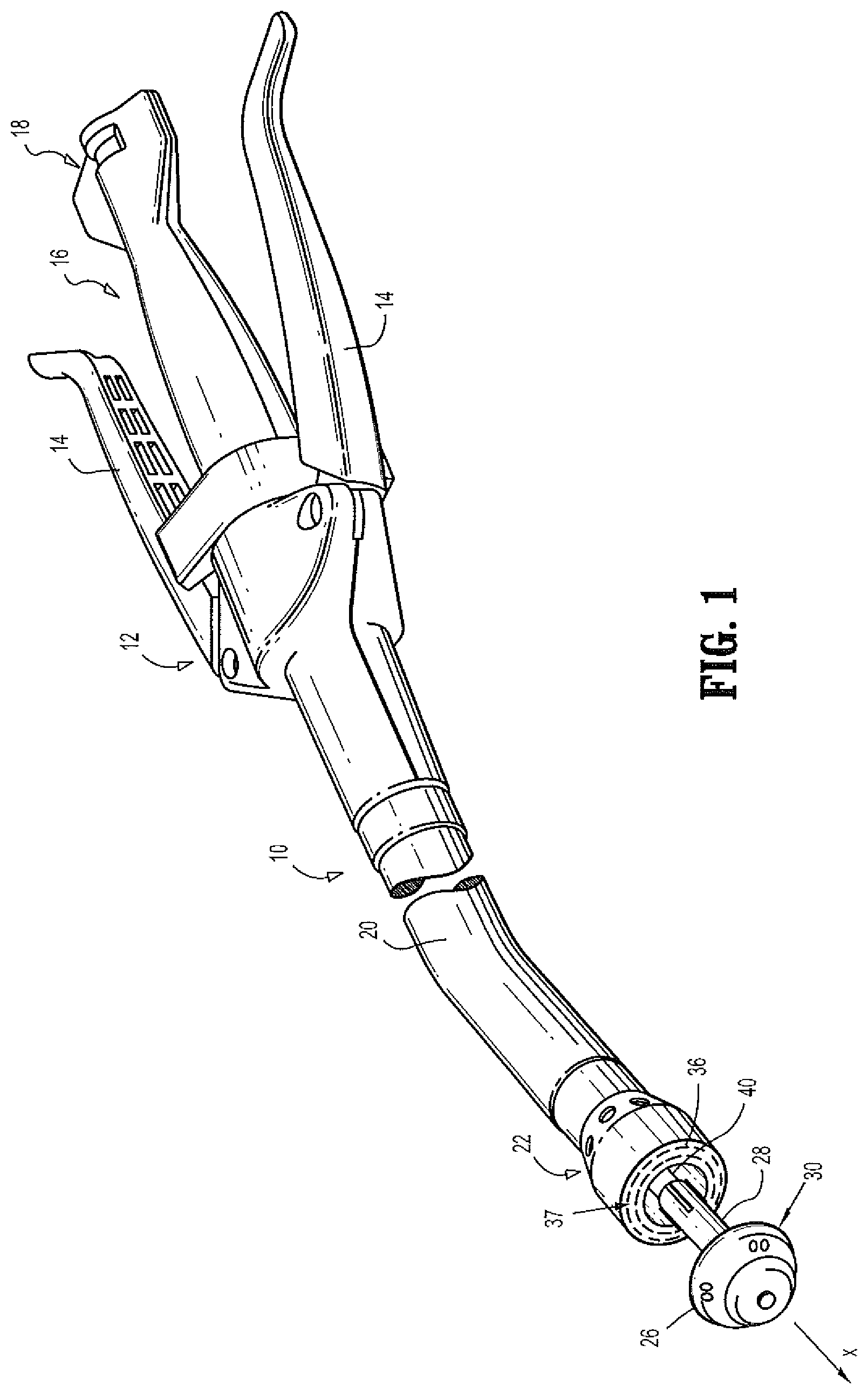 Patent US11771430 Figure 1 – Stapler and staple line reinforcement material