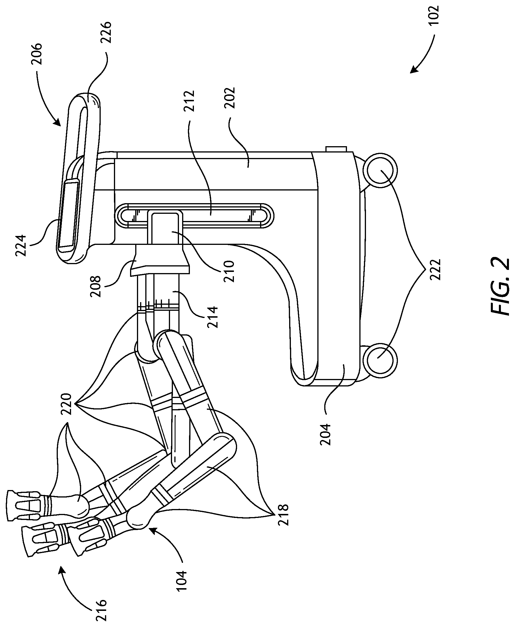 Patent US11771509 Figure 2 – Translating robotic surgical tools with integrated firing mechanisms
