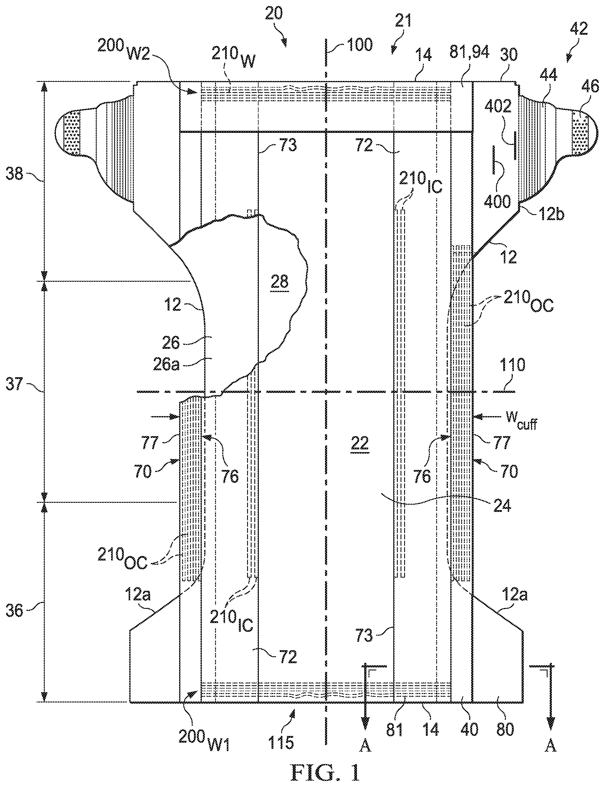 Patent US11771601 — Absorbent article with elasticized region — Figure 1
