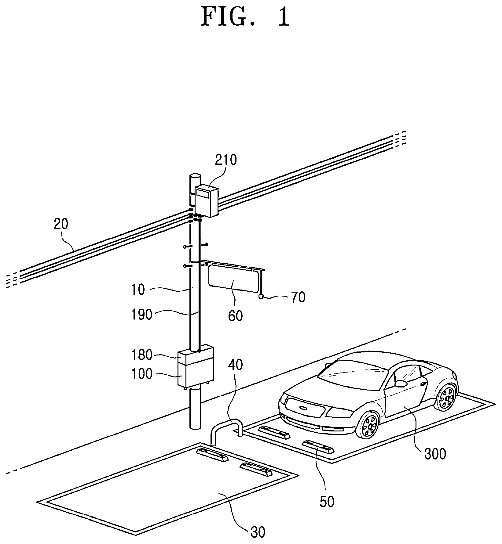 Patent US11772506 — Converter-separated electric vehicle charging system, and electric vehicle charging apparatus installed on utility pole — Figure 1