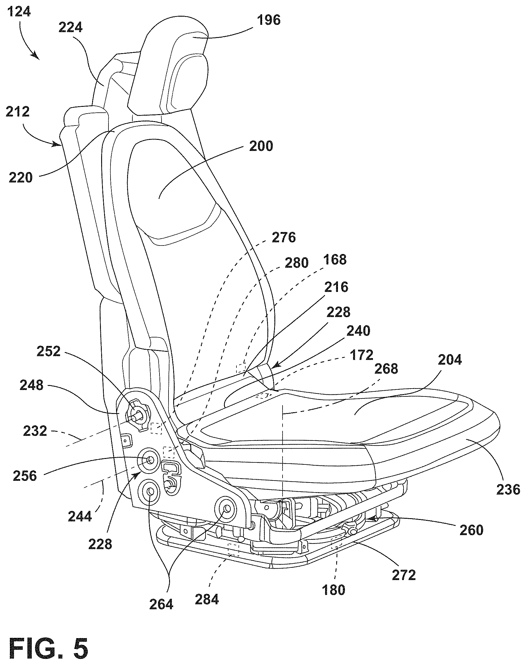 Patent US11772517 Figure 5 – Vehicular system capable of adjusting a passenger compartment from a child seat arrangement to a second arrangement