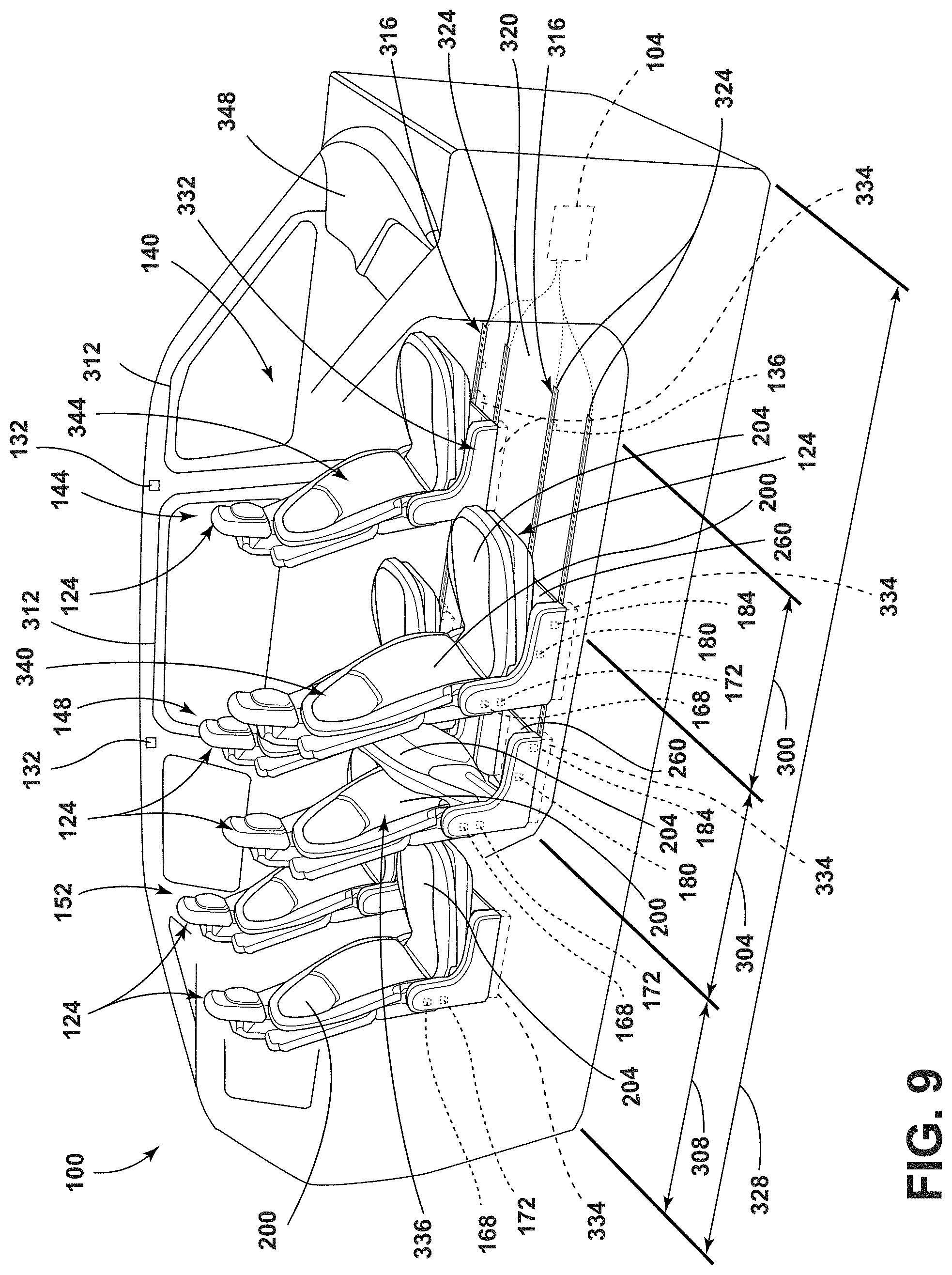 Patent US11772517 Figure 9 – Vehicular system capable of adjusting a passenger compartment from a child seat arrangement to a second arrangement