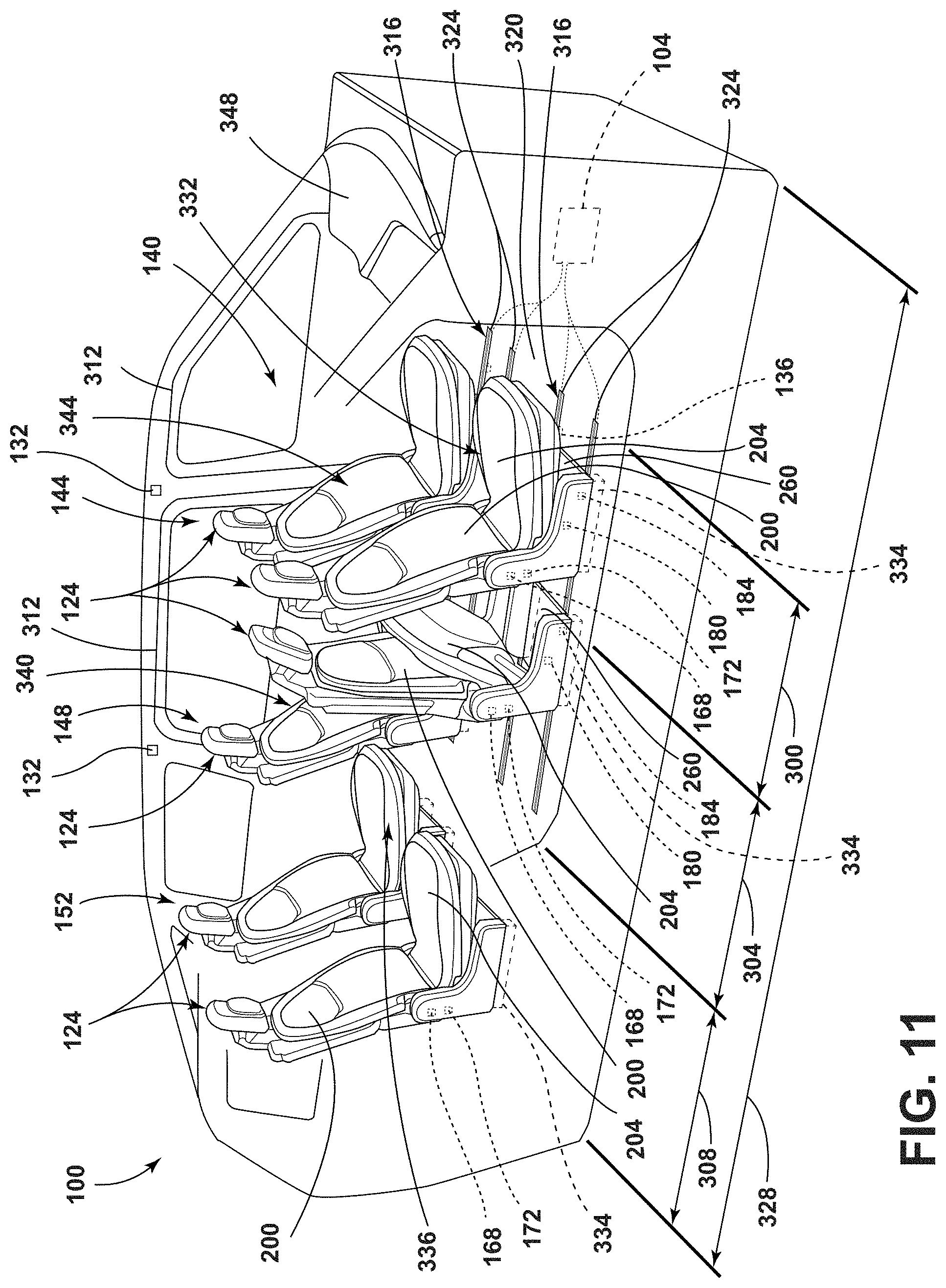 Patent US11772517 Figure 11 – Vehicular system capable of adjusting a passenger compartment from a child seat arrangement to a second arrangement
