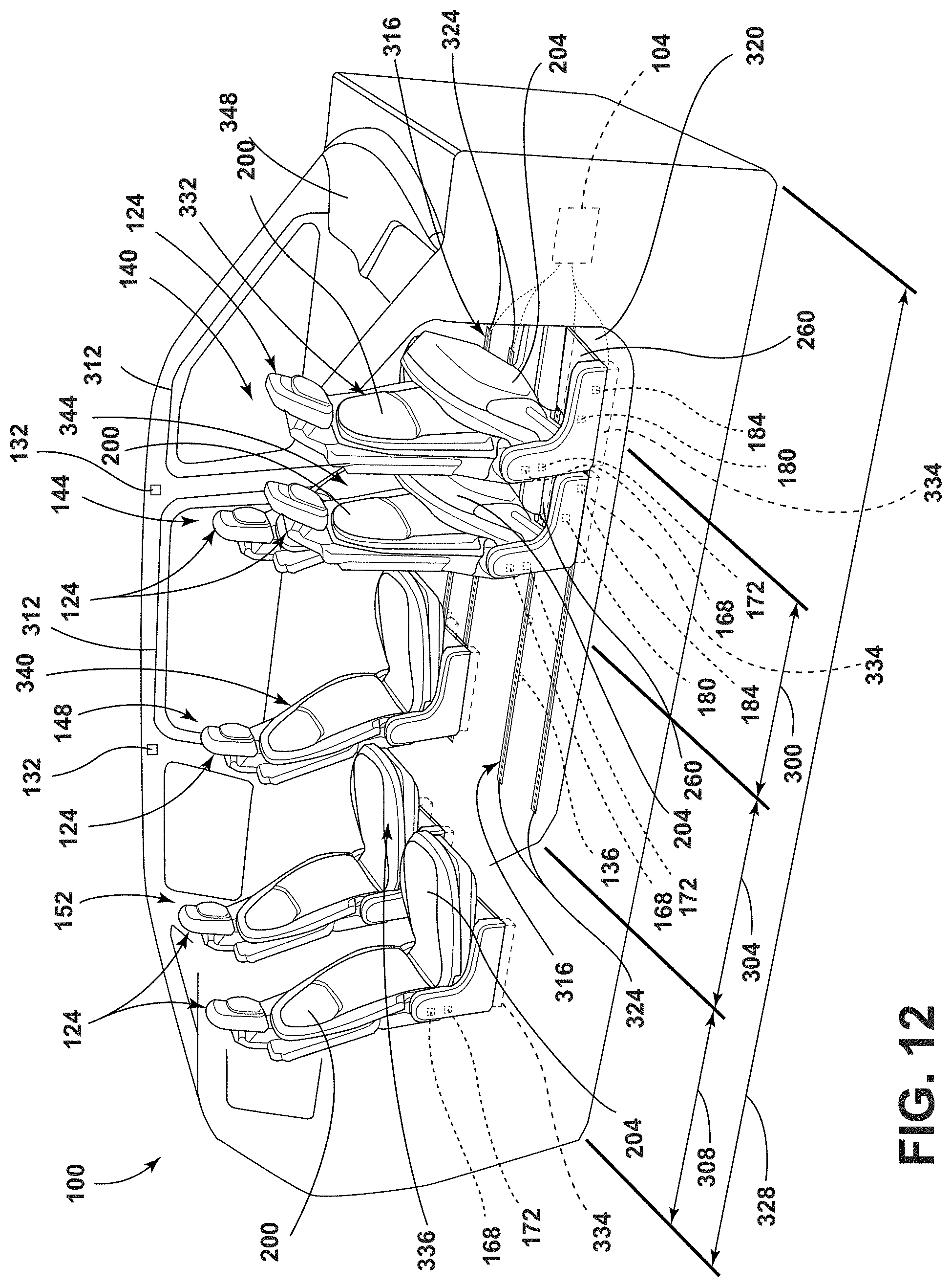 Patent US11772517 Figure 12 – Vehicular system capable of adjusting a passenger compartment from a child seat arrangement to a second arrangement