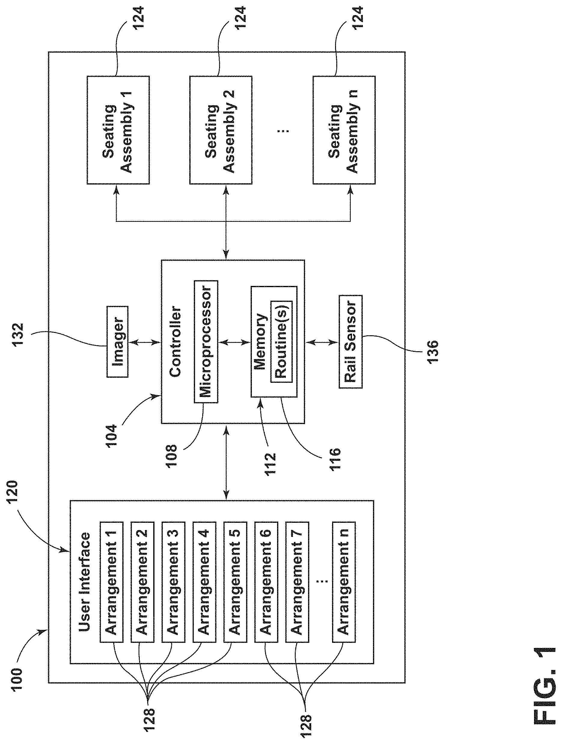 Patent US11772519 — Vehicular system capable of adjusting a passenger compartment from a first arrangement to a child seat arrangement — Figure 1