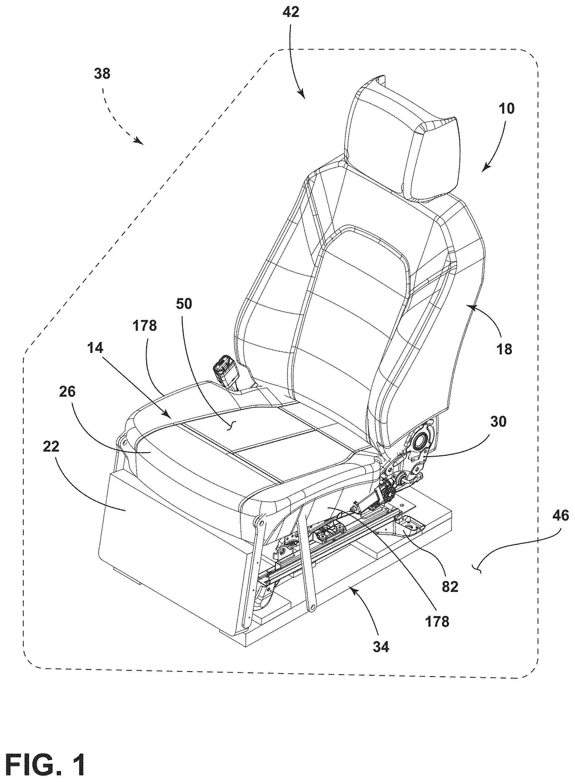 Patent US11772536 — Vehicle seating assembly with lower leg support — Figure 1