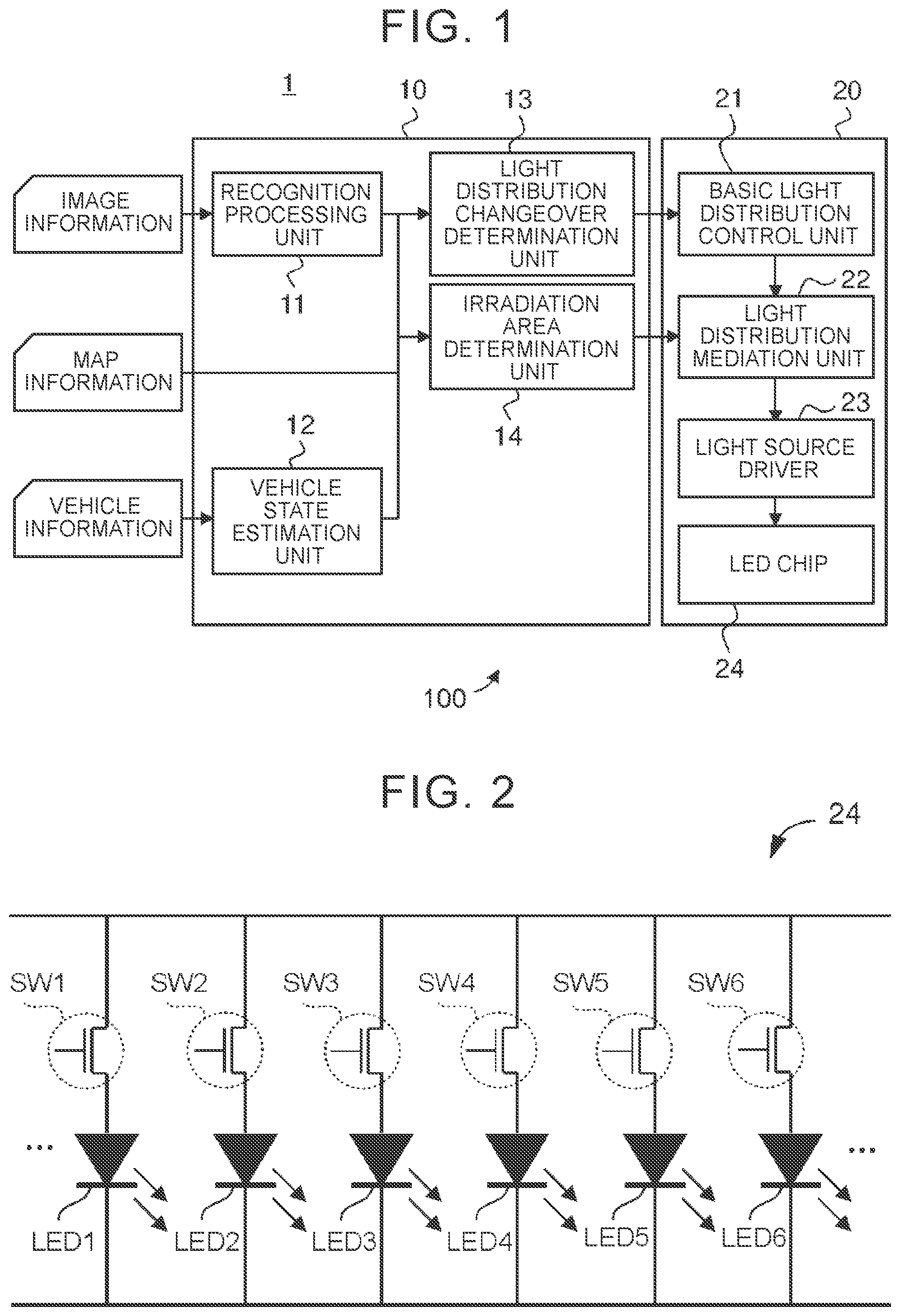 Patent US11772544 — Light distribution control device having diffusion controller that selectively irradiates areas — Figure 1