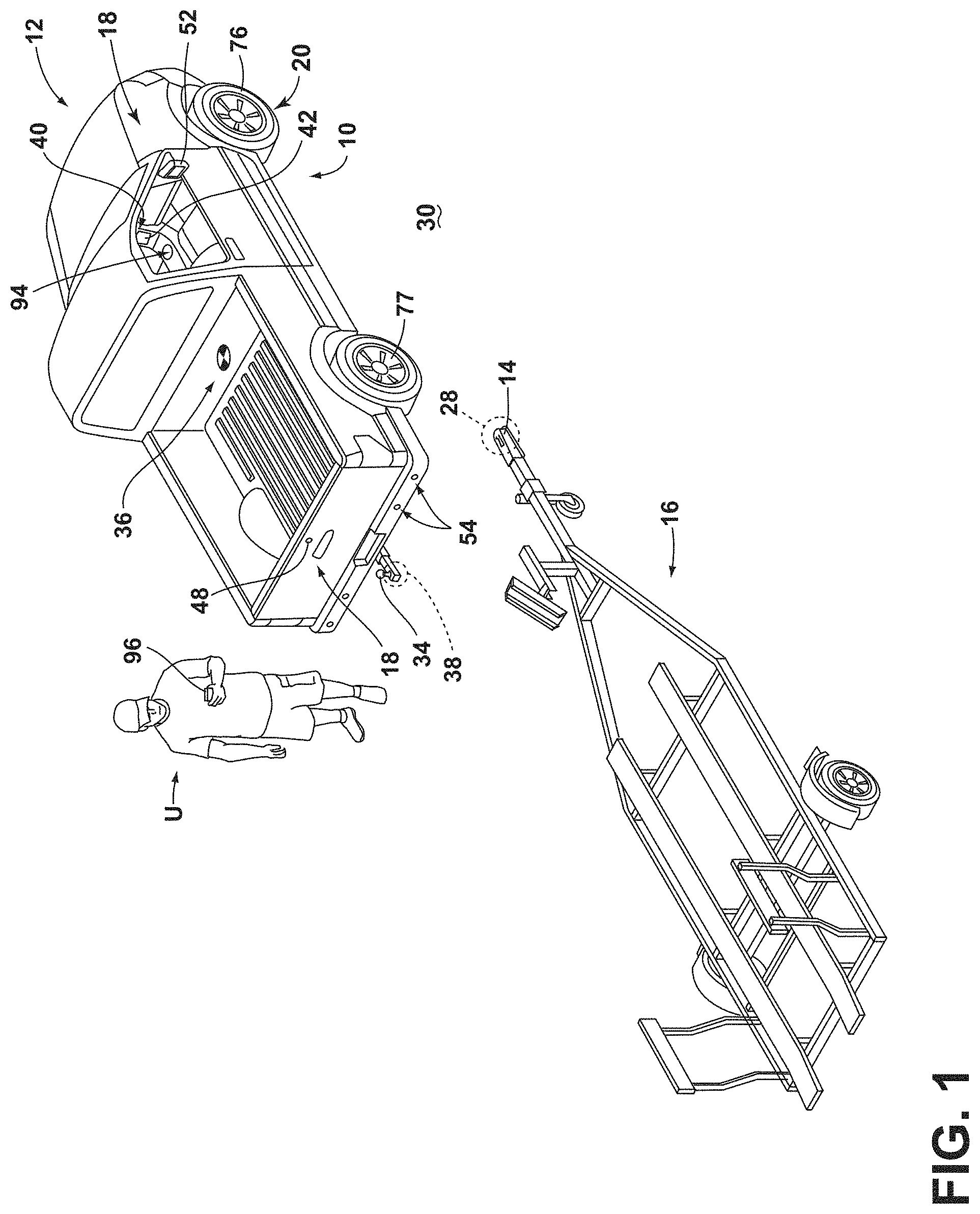 Patent US11772557 — Guided coaching for vehicle positioning to operate an automated hitching feature — Figure 1