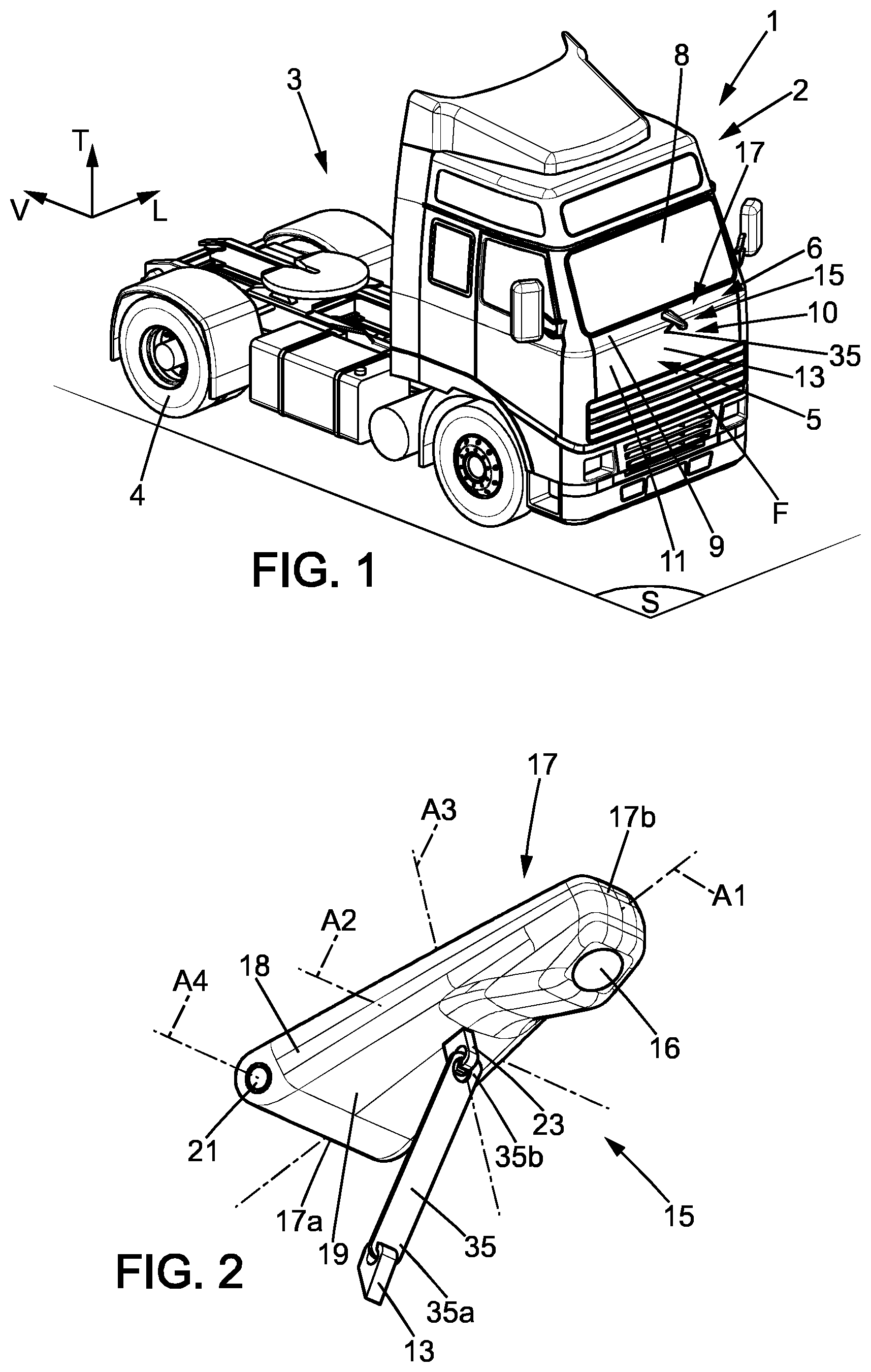 Patent US11772574 — Vehicle comprising a driver cab and a monitoring device for monitoring a front dead angle area and monitoring device for such vehicle — Figure 1