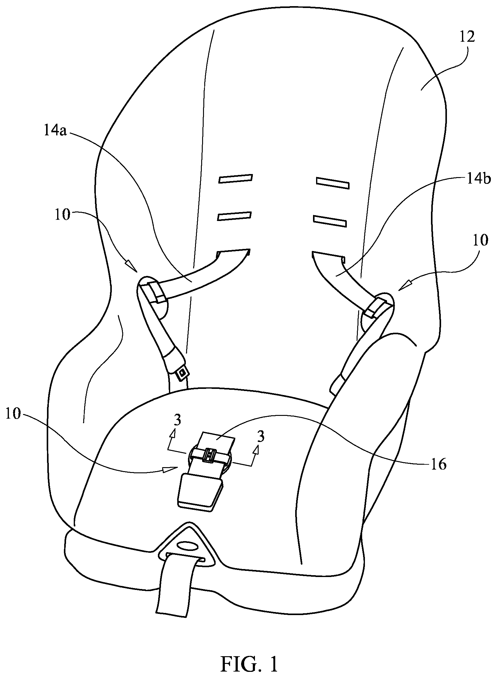 Patent US11772598 — Car seat safety harness retaining device — Figure 1