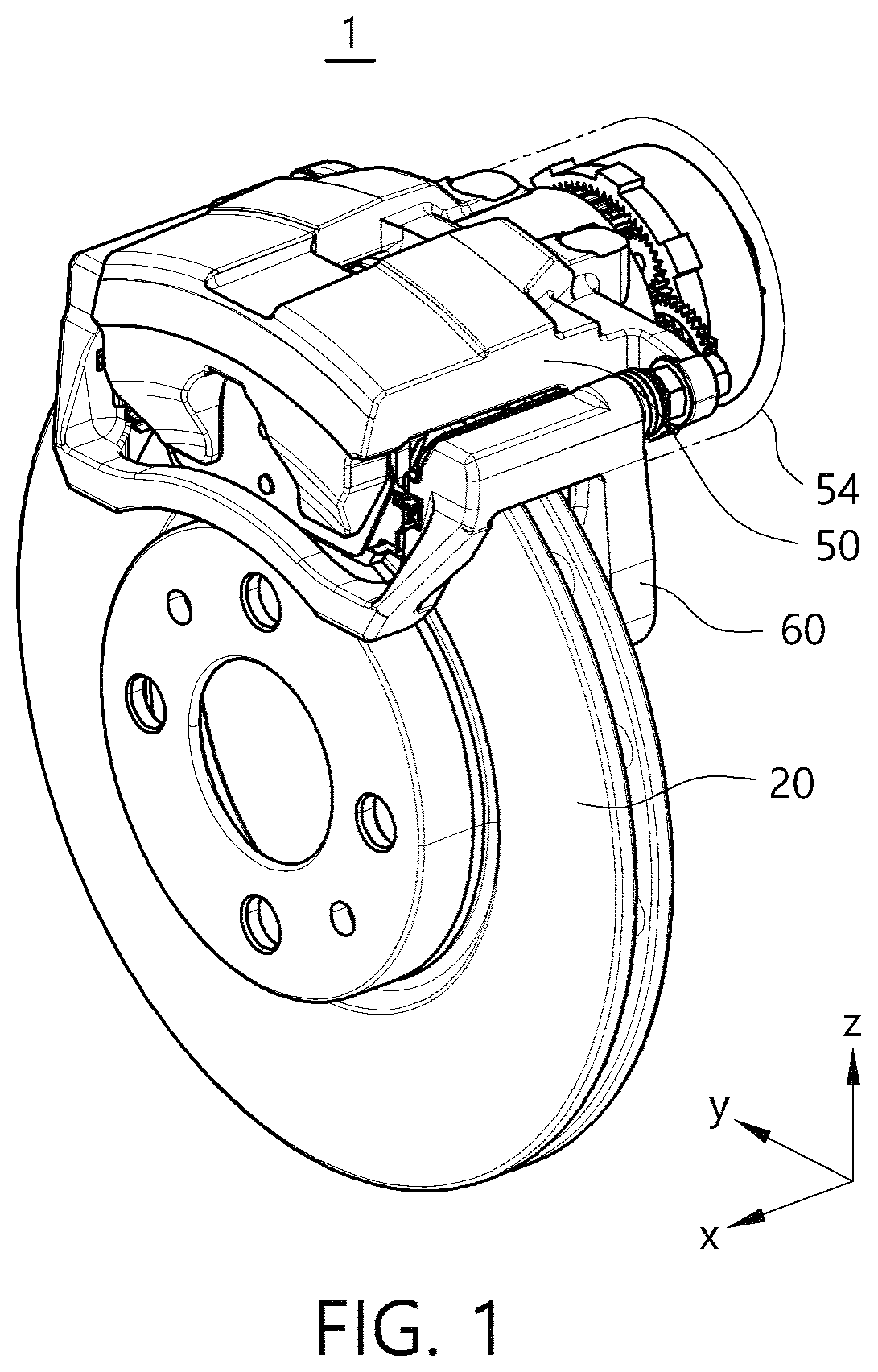 Patent US11772625 — Electro-mechanical brake and vehicle having the same — Figure 1
