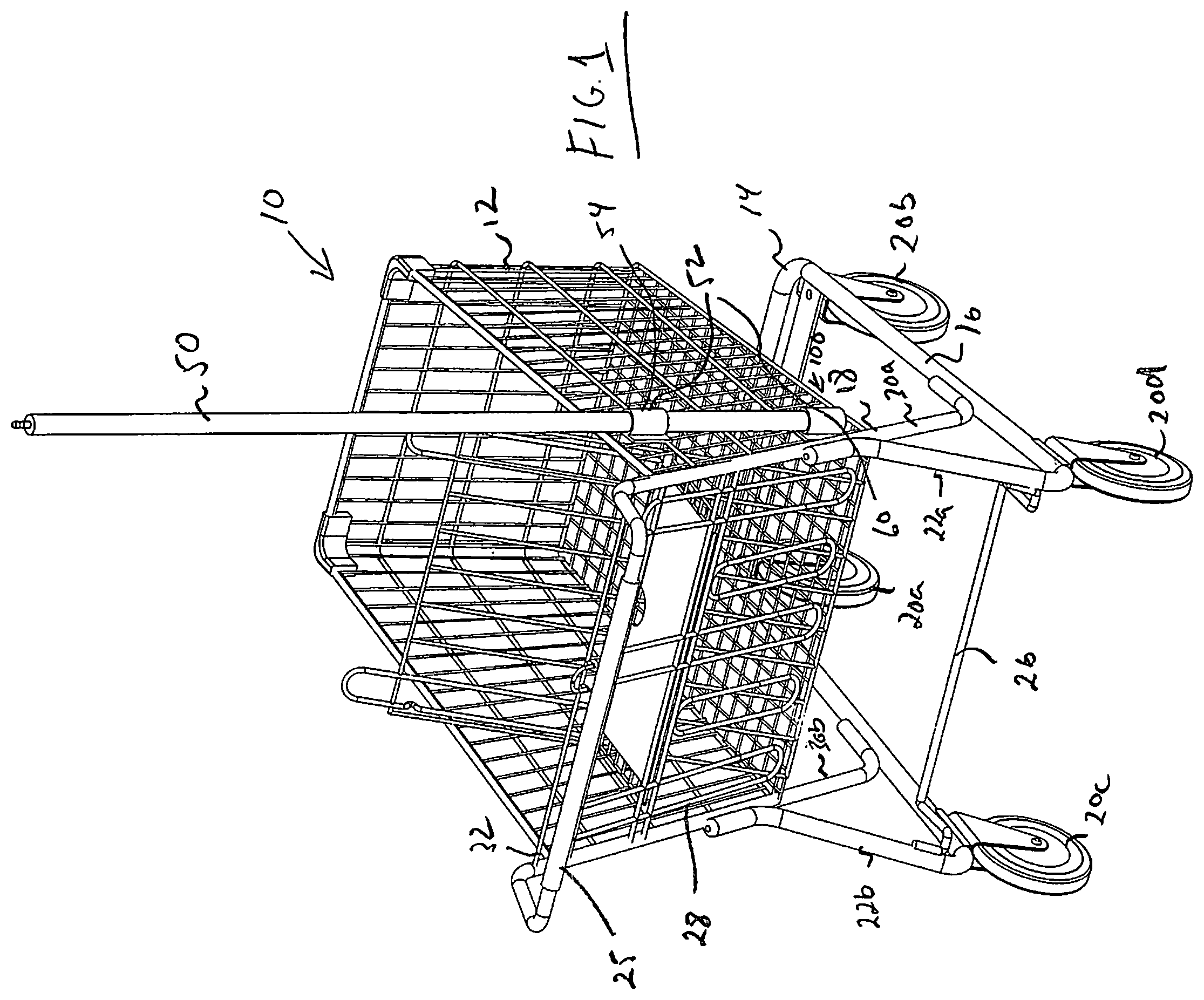 Patent US11772695 Figure 1 – Shopping cart with anti-theft pole