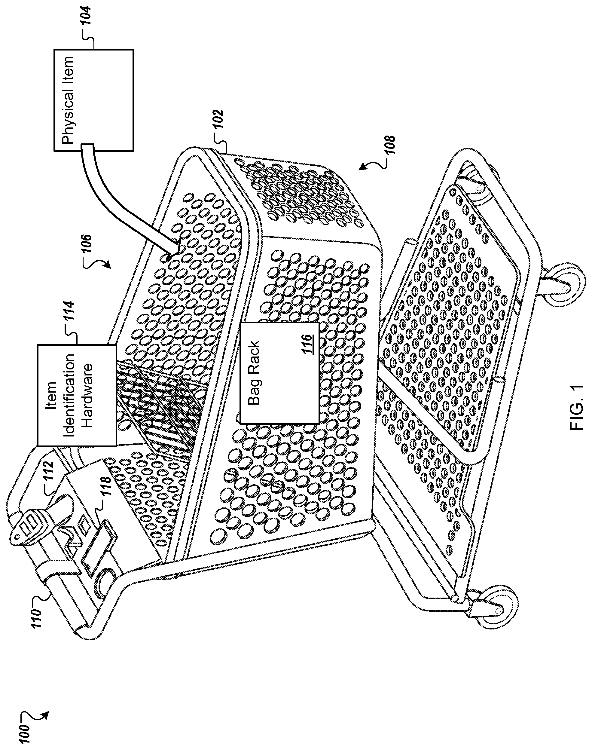 Patent US11772696 — Physical shopping cart having features for use in customer checkout of items placed into the shopping cart — Figure 1