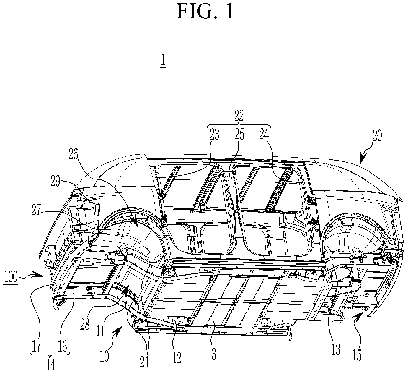 Patent US11772708 — Front vehicle body structure — Figure 1