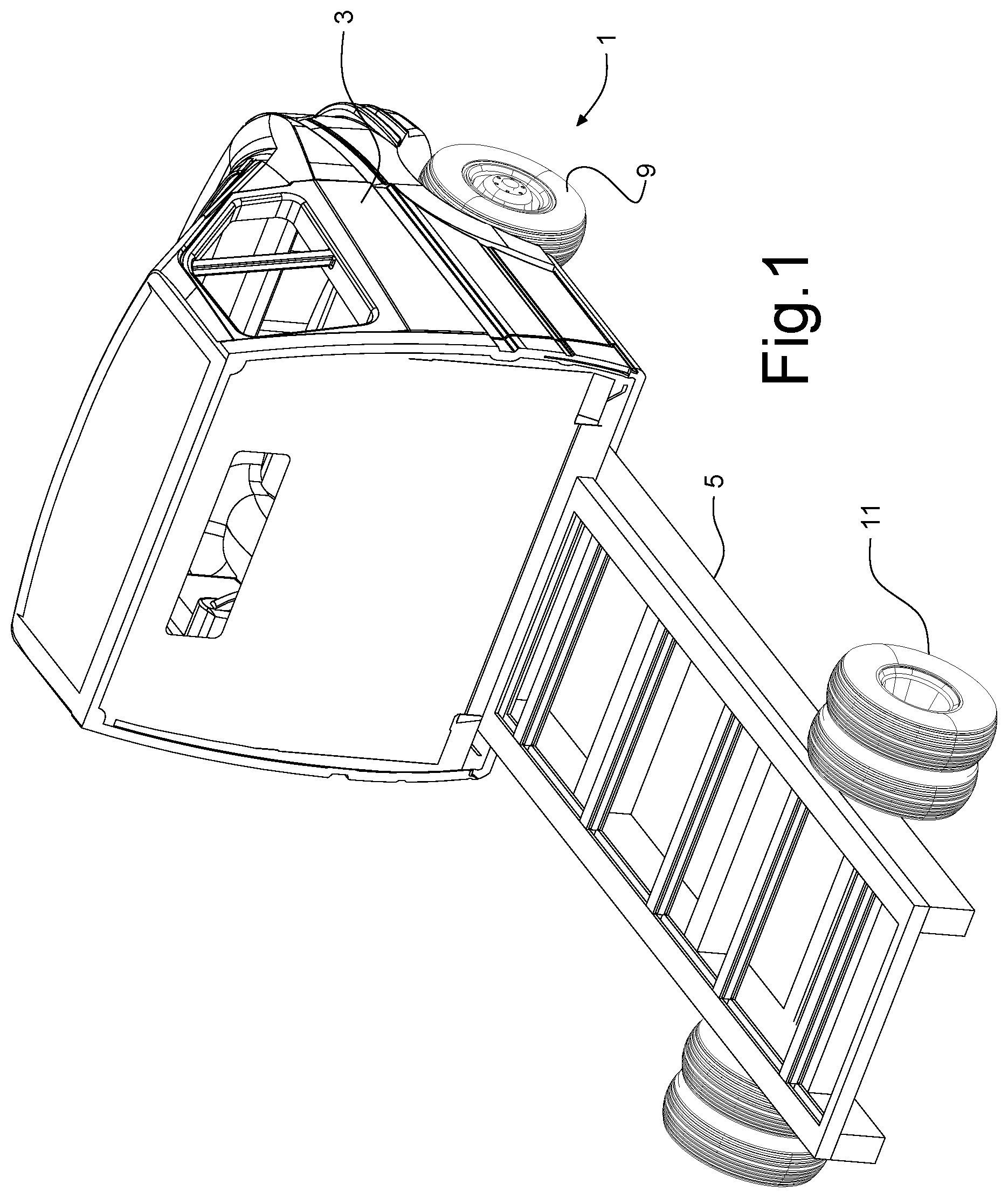 Patent US11772713 Figure 1 – System for producing a containing structure for vehicles with cabs or the like, method and vehicle obtained with said structure