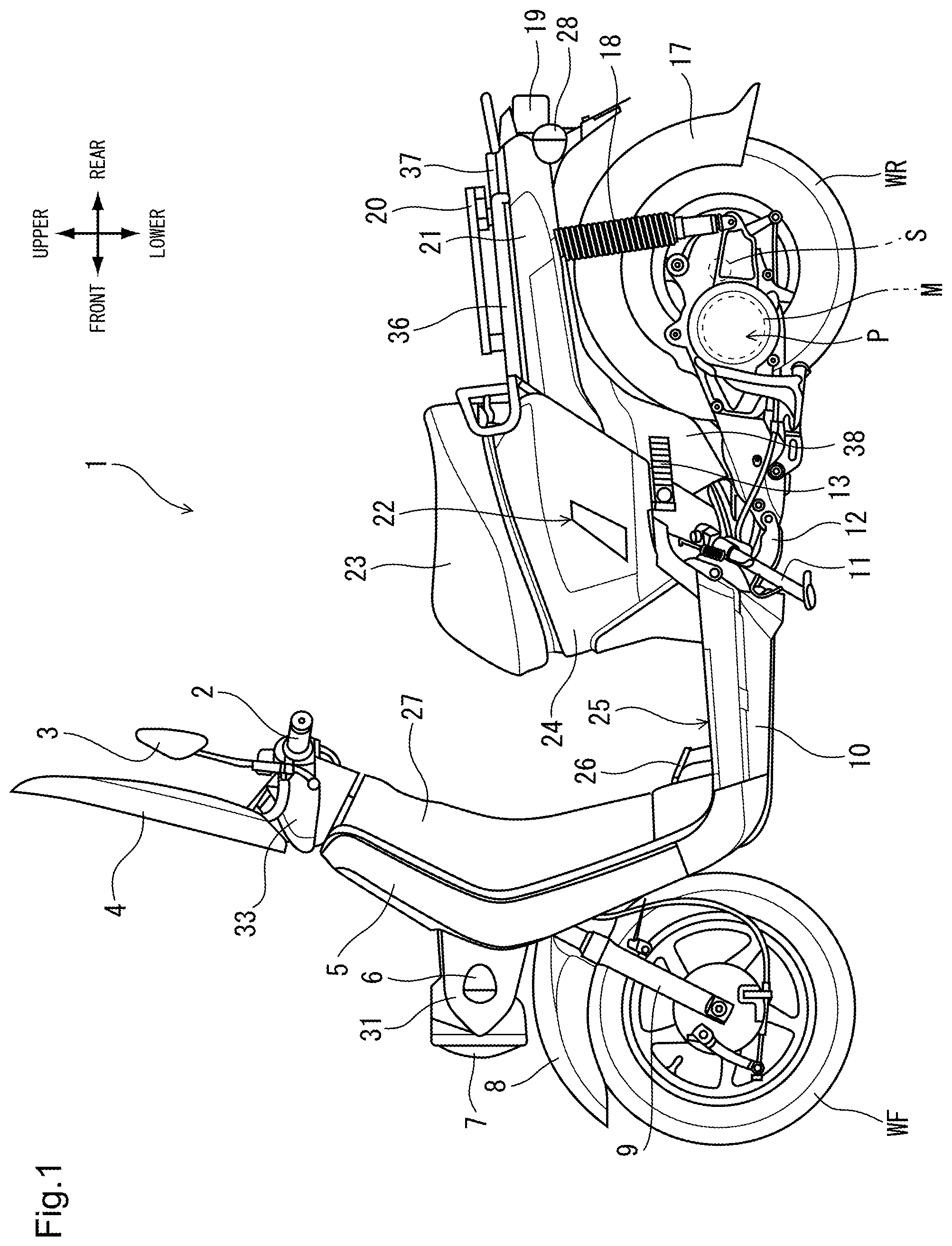 Patent US11772737 — Battery attaching/detaching structure for saddle-type vehicle — Figure 1