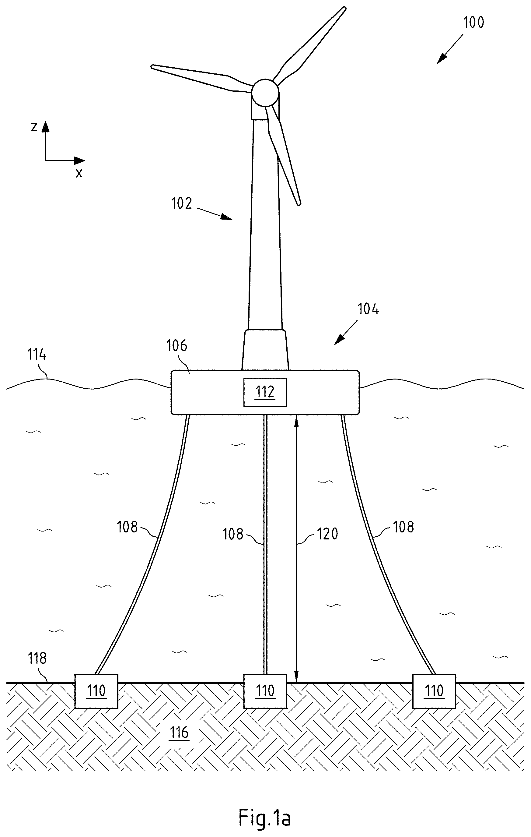 Patent US11772755 — Floatable offshore wind turbine — Figure 1