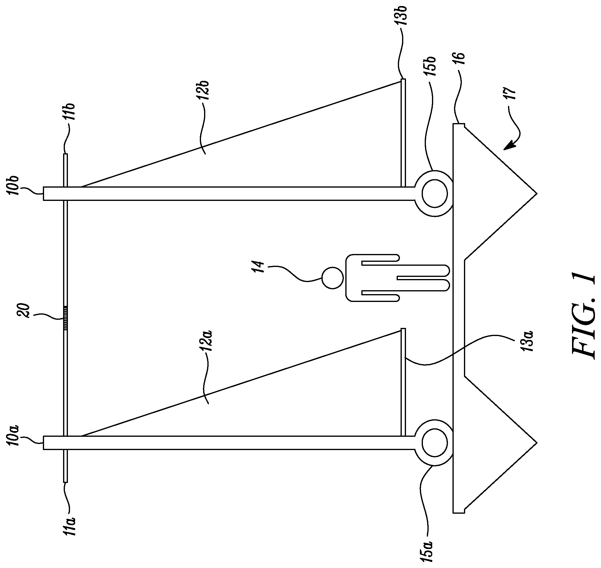 Patent US11772765 — Wind-propelled boat having parallel self-righting paired masts for wind-assisted propulsion for boats — Figure 1