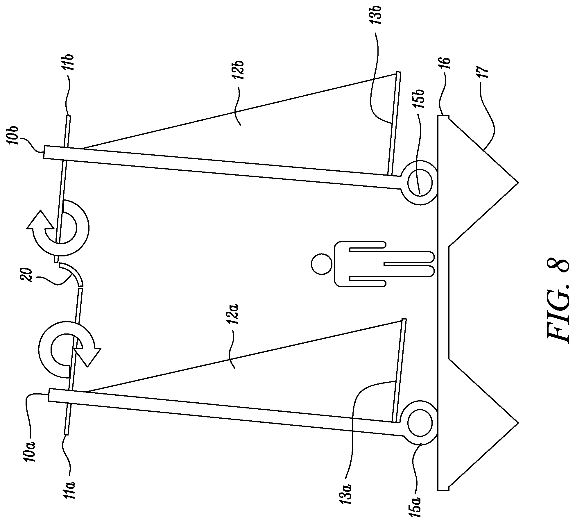 Patent US11772765 Figure 8 – Wind-propelled boat having parallel self-righting paired masts for wind-assisted propulsion for boats