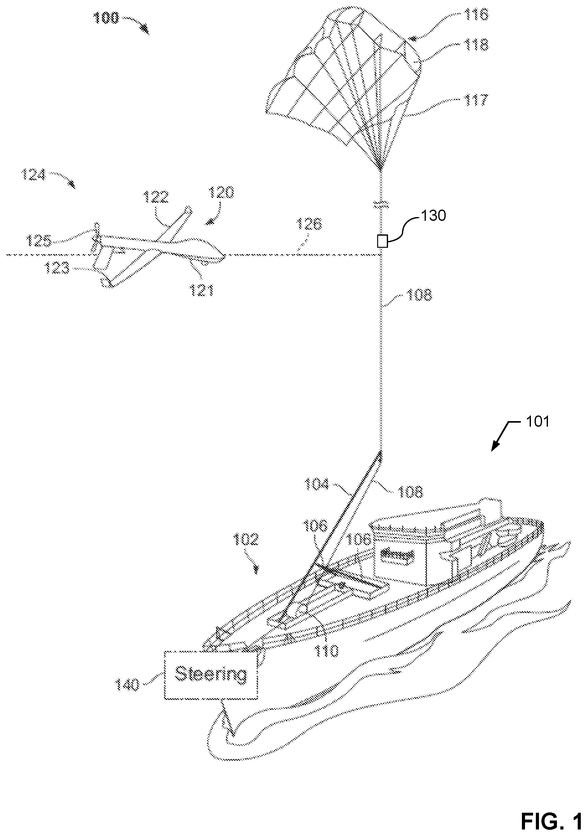 Patent US11772816 Figure 1 – Methods and apparatus to recover unmanned aerial vehicles with kites