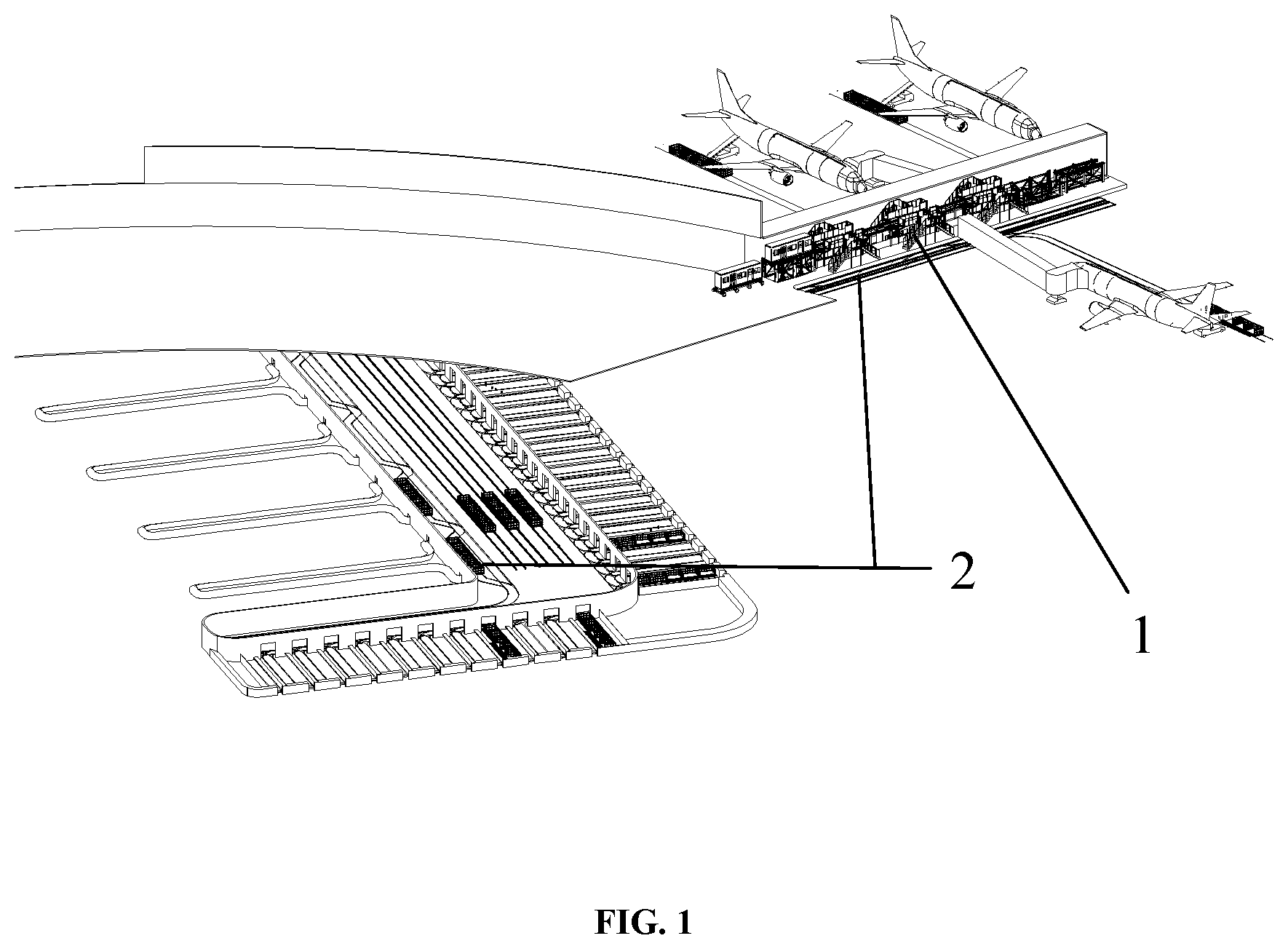 Patent US11772818 Figure 1 – Unmanned, rapid and circular transportation system for airport passengers and luggage