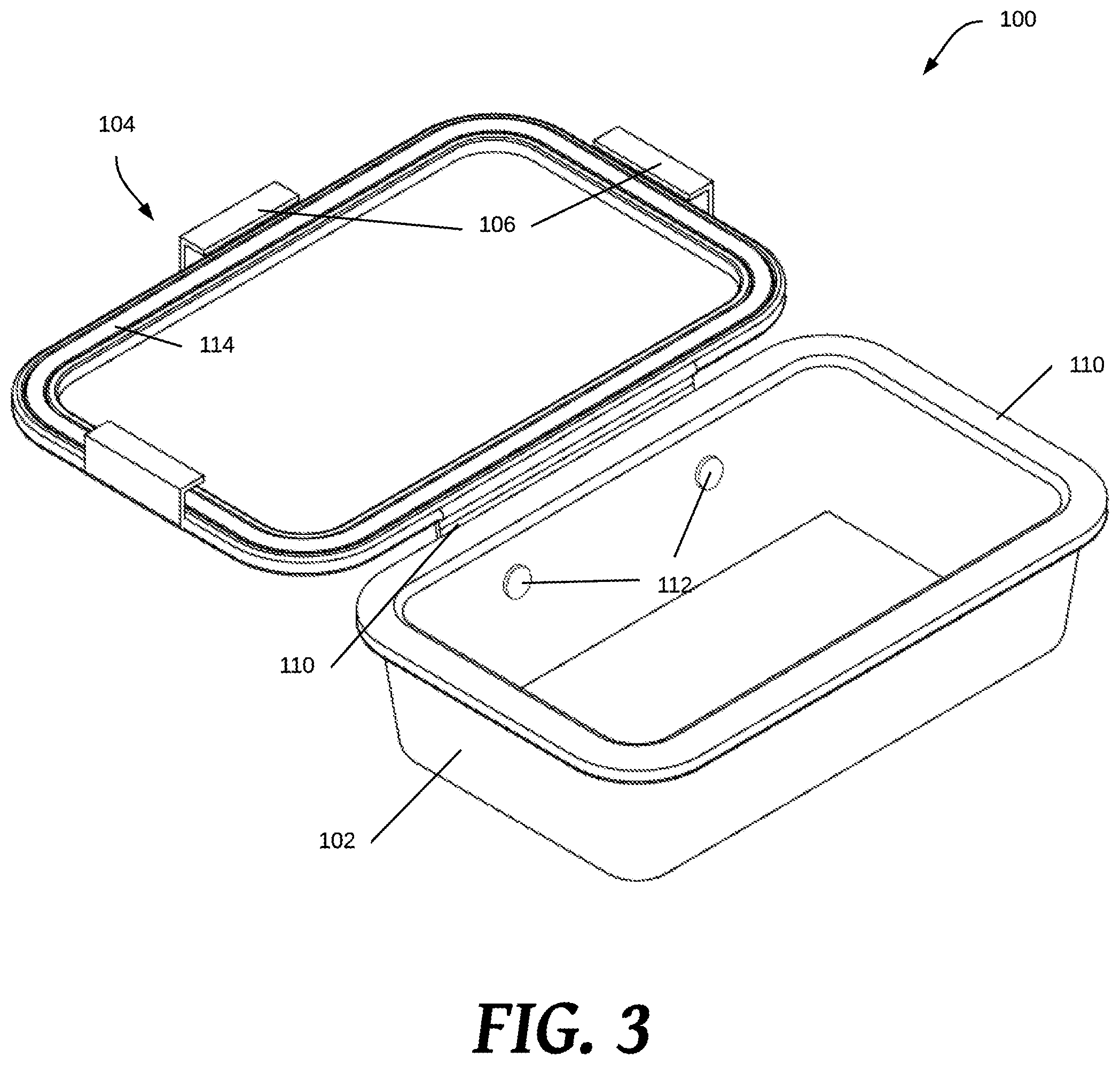 Patent US11772857 Figure 3 – Food storage container having attached lid