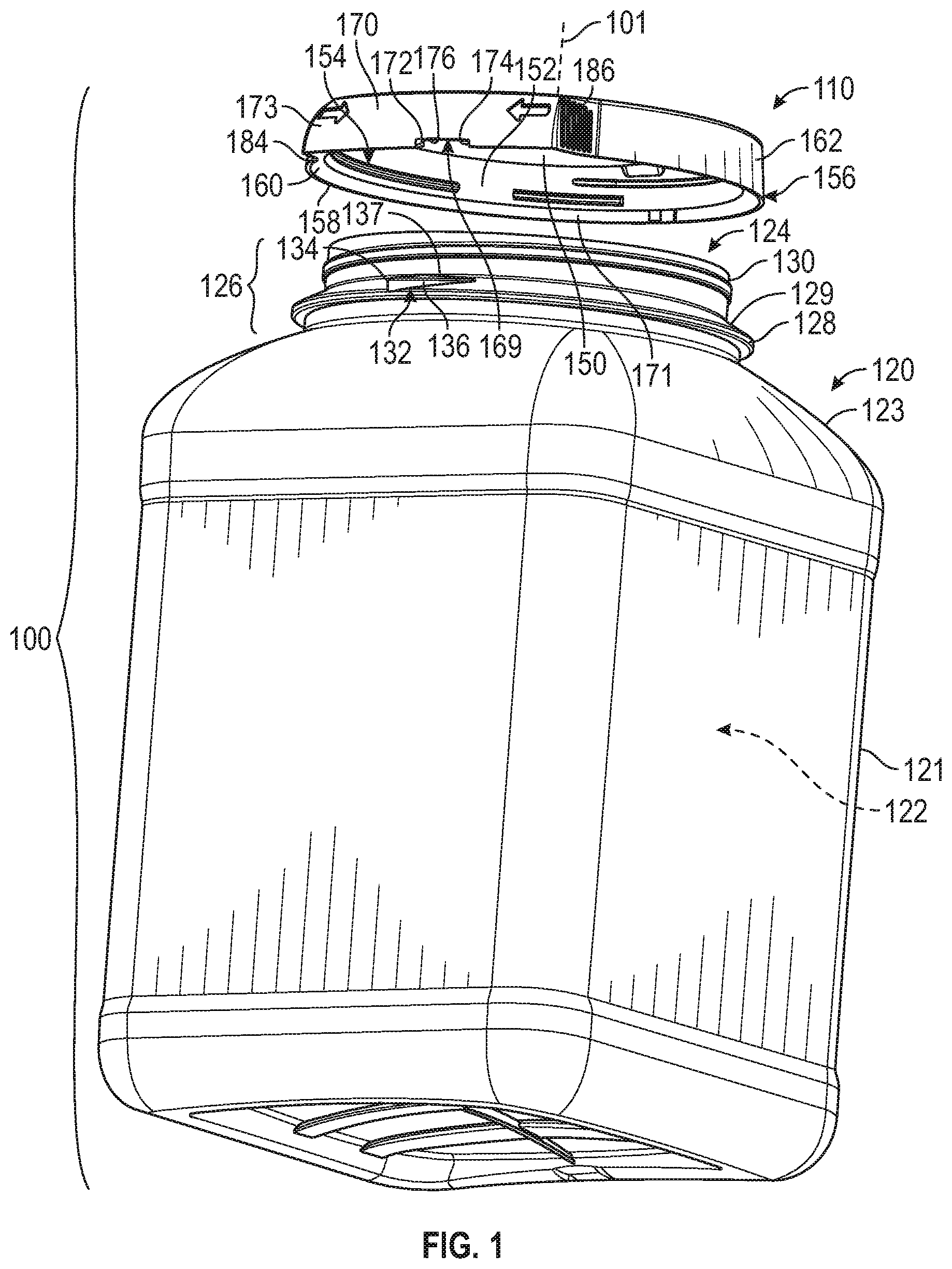 Patent US11772860 — Container and cap having tamper-evident member — Figure 1
