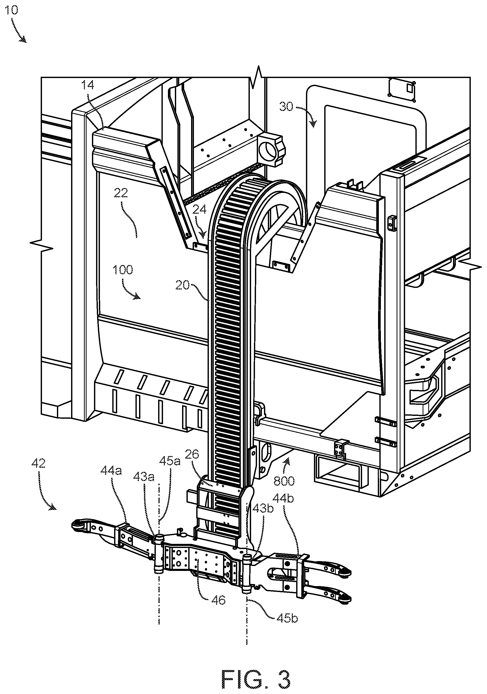 Patent US11772890 Figure 3 – Refuse vehicle with electric reach apparatus
