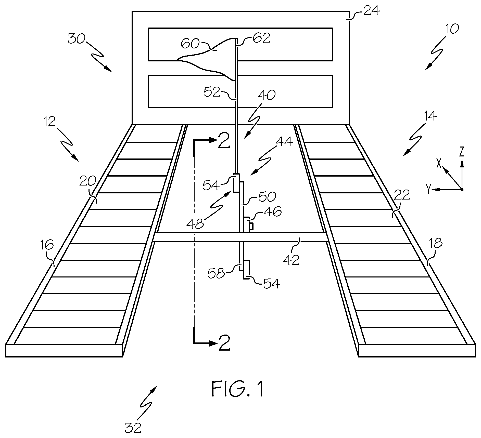 Patent US11772900 — Conveyor systems including awareness flag mechanisms — Figure 1