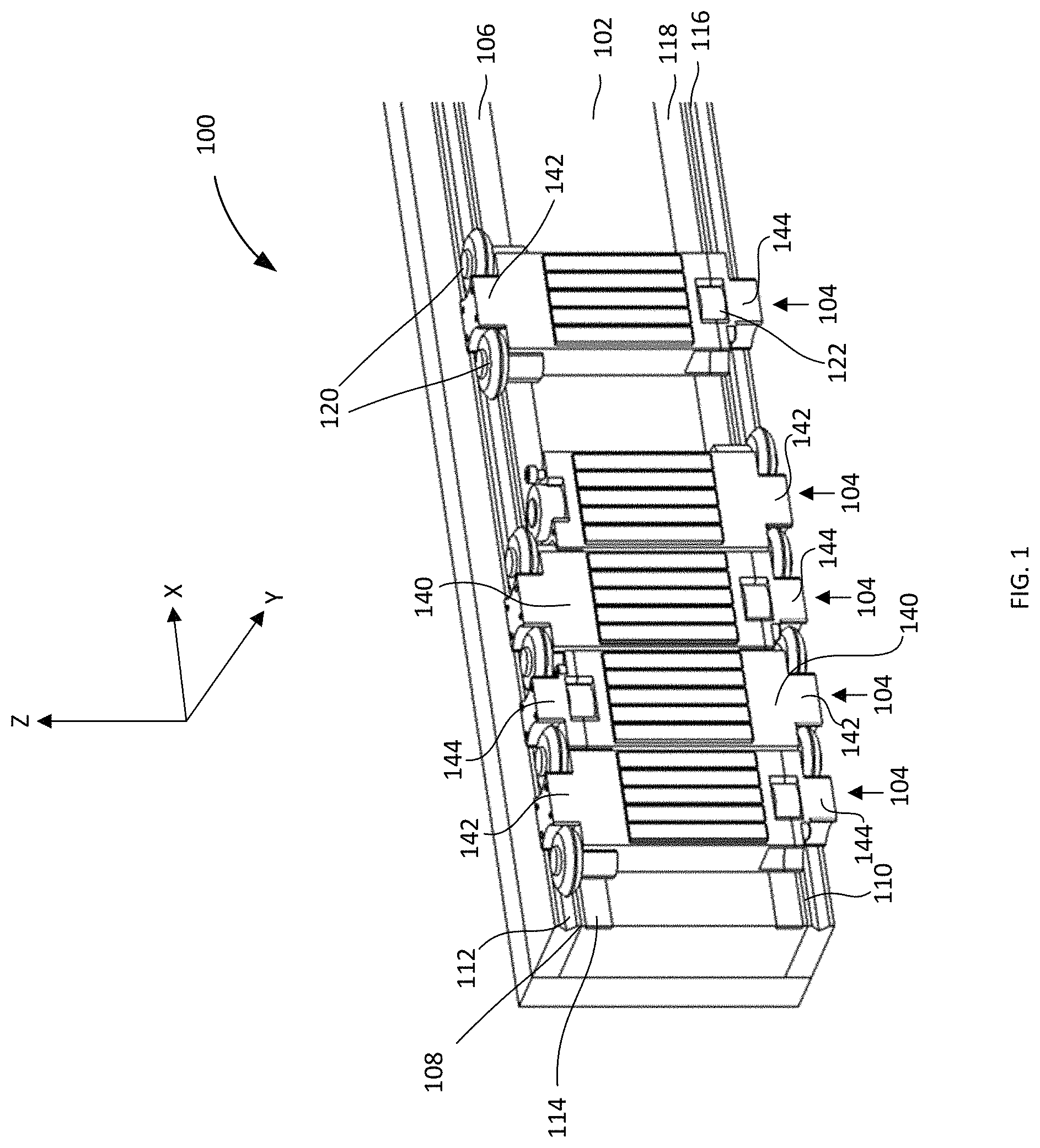 Patent US11772909 — Linear motor conveyor system and moving elements therefor providing a reduced tooling pitch — Figure 1