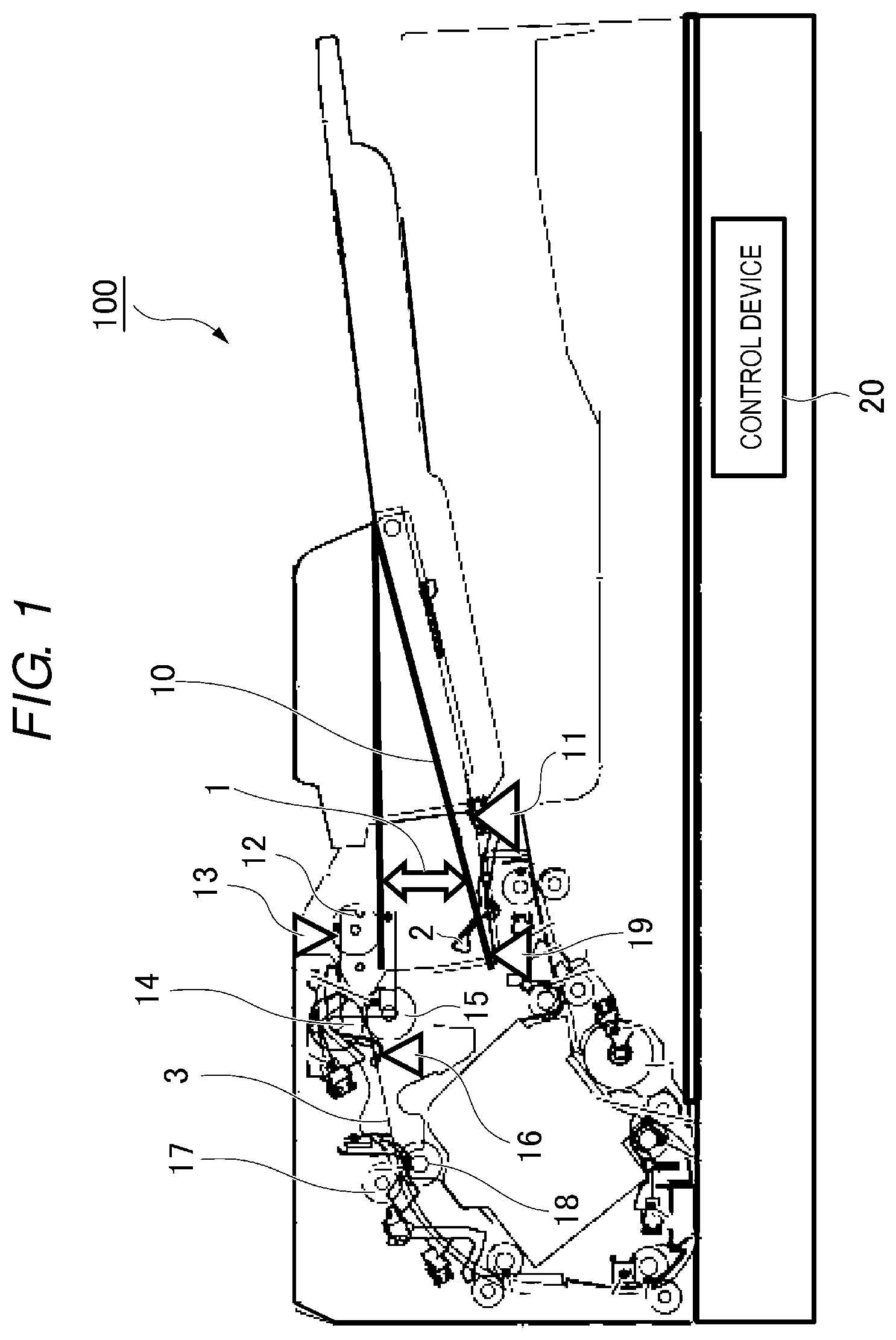 Patent US11772917 — Sheet conveying device, image forming apparatus, and sheet presence or absence determination method — Figure 1