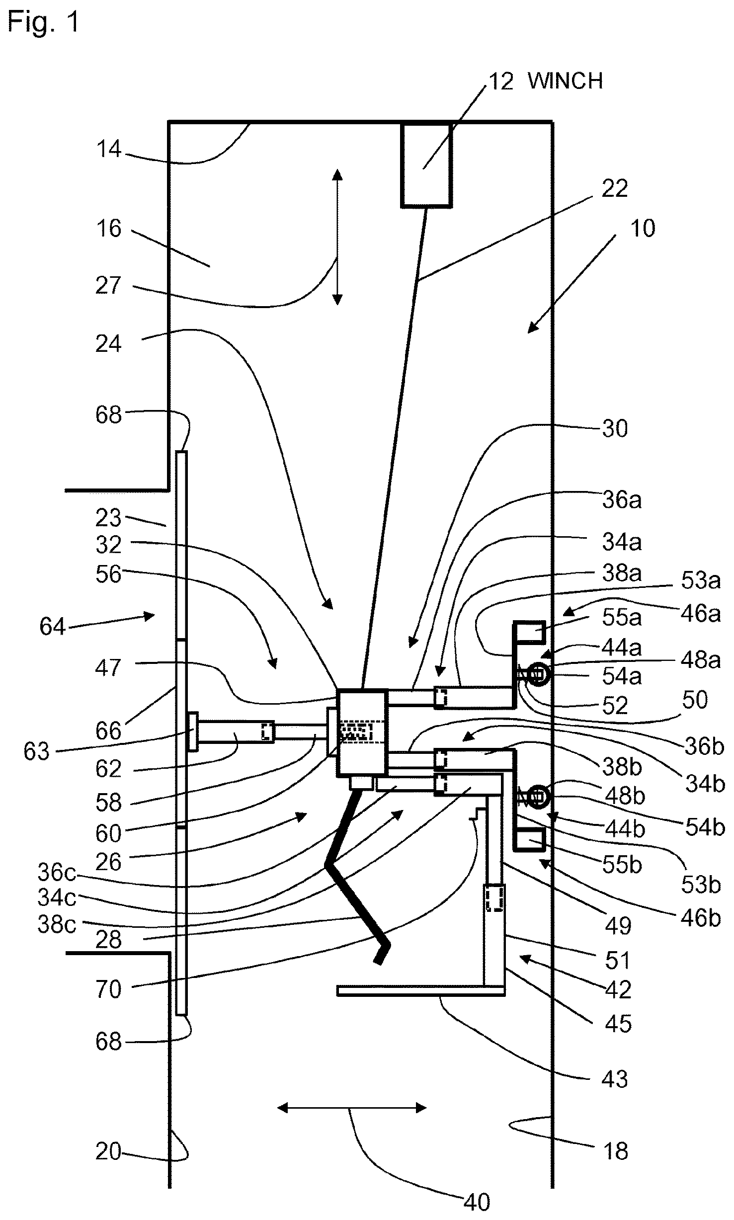 Patent US11772934 — Mounting frame for displacing and fixing in a shaft — Figure 1