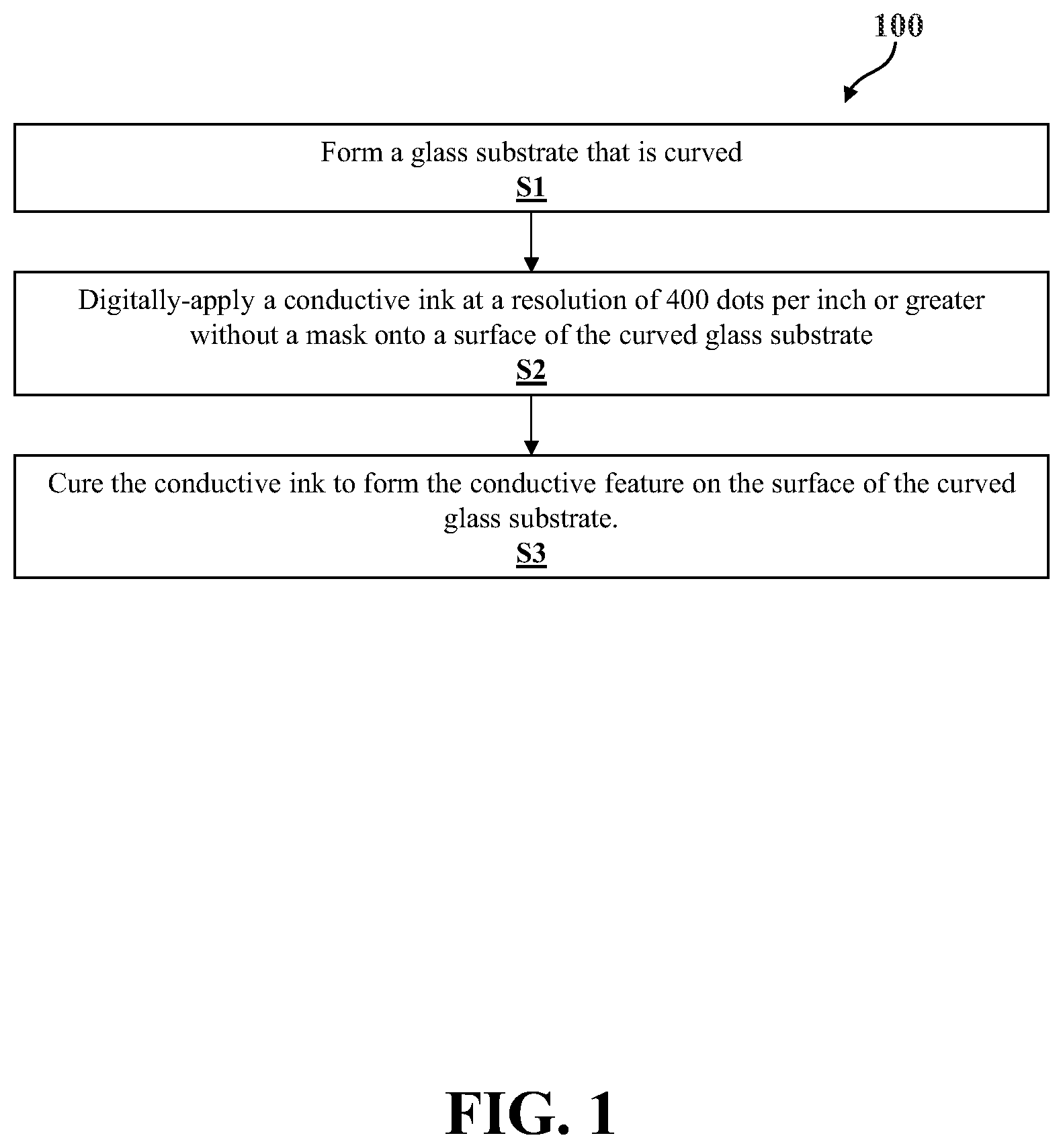 Patent US11773011 — Glass assembly including a conductive feature and method of manufacturing thereof — Figure 1