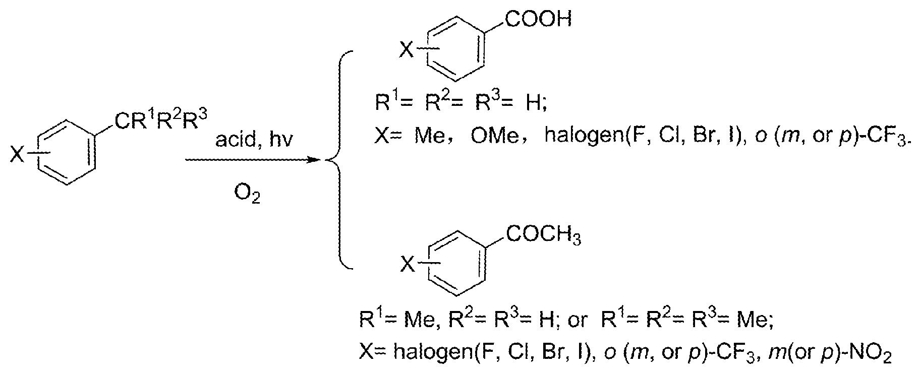 Patent US11773045 — Acid-catalyzed photocatalyzed oxidation reaction of benzylic C—H bonds of aromatic compound — Figure 1
