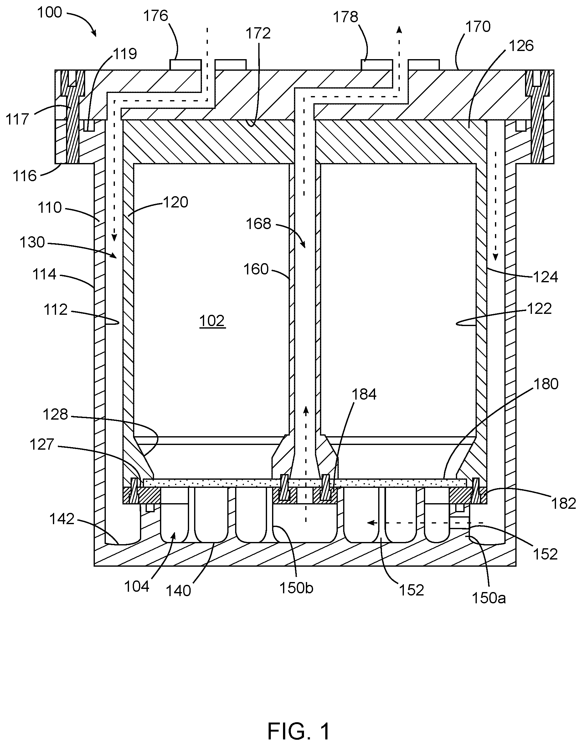 Patent US11773485 — Bottom fed sublimation bed for high saturation efficiency in semiconductor applications — Figure 1