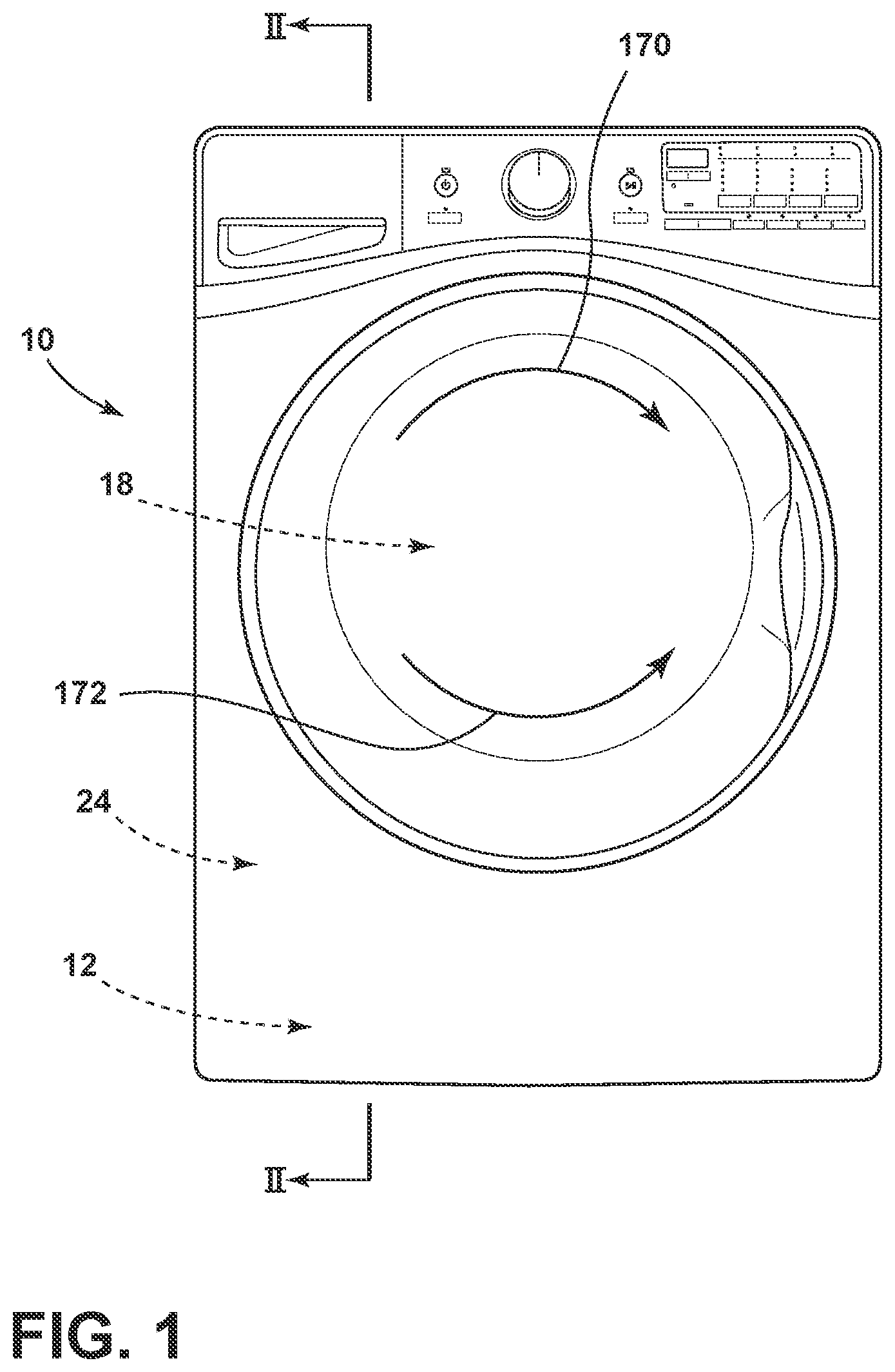 Patent US11773530 Figure 1 – Laundry appliance utilizing a permanent split capacitor motor having a sensor for providing temperature control within the appliance