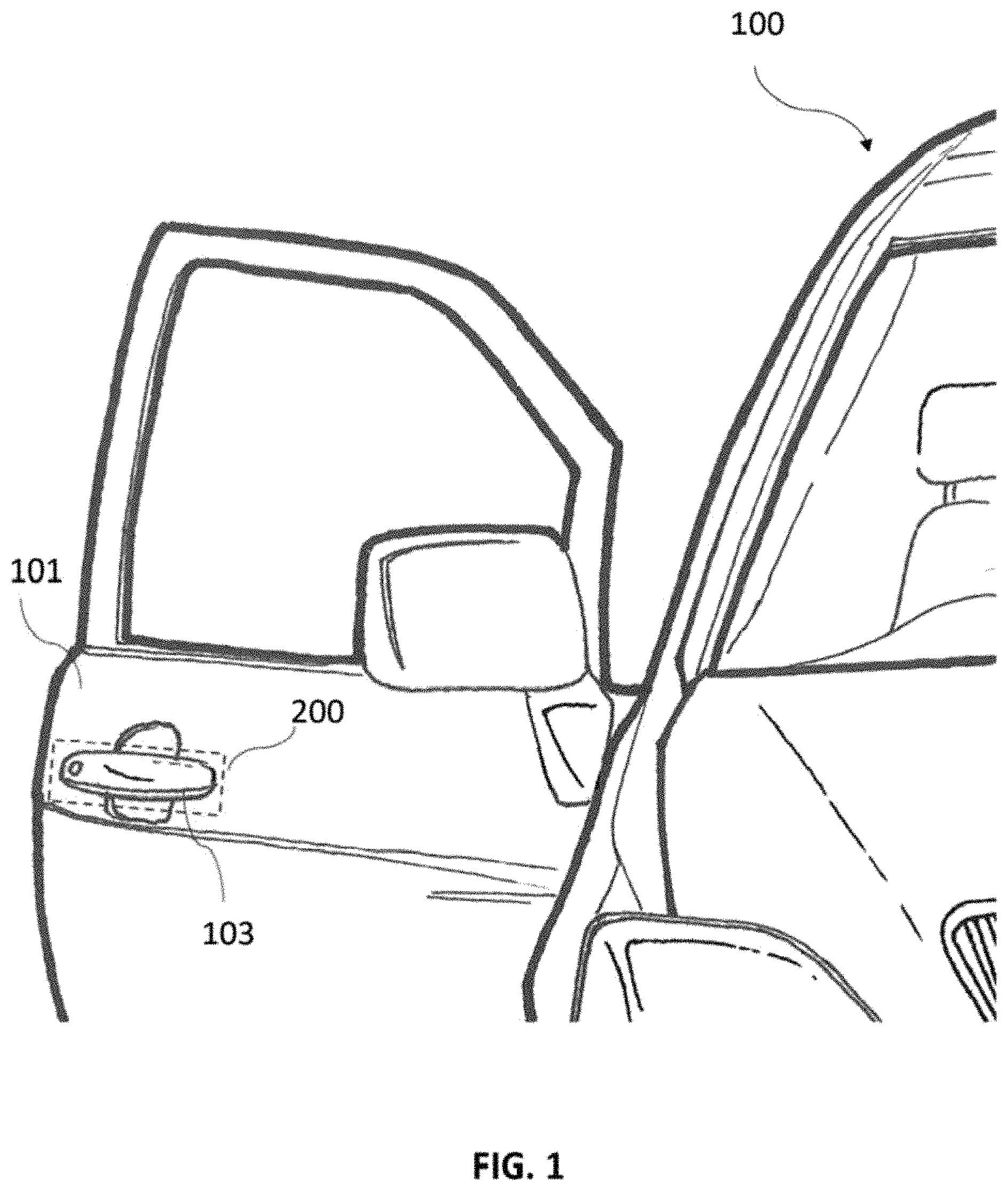 Patent US11773630 Figure 1 – Emergency access device for a vehicle opening panel with electrical ejector comprising a percussion mode