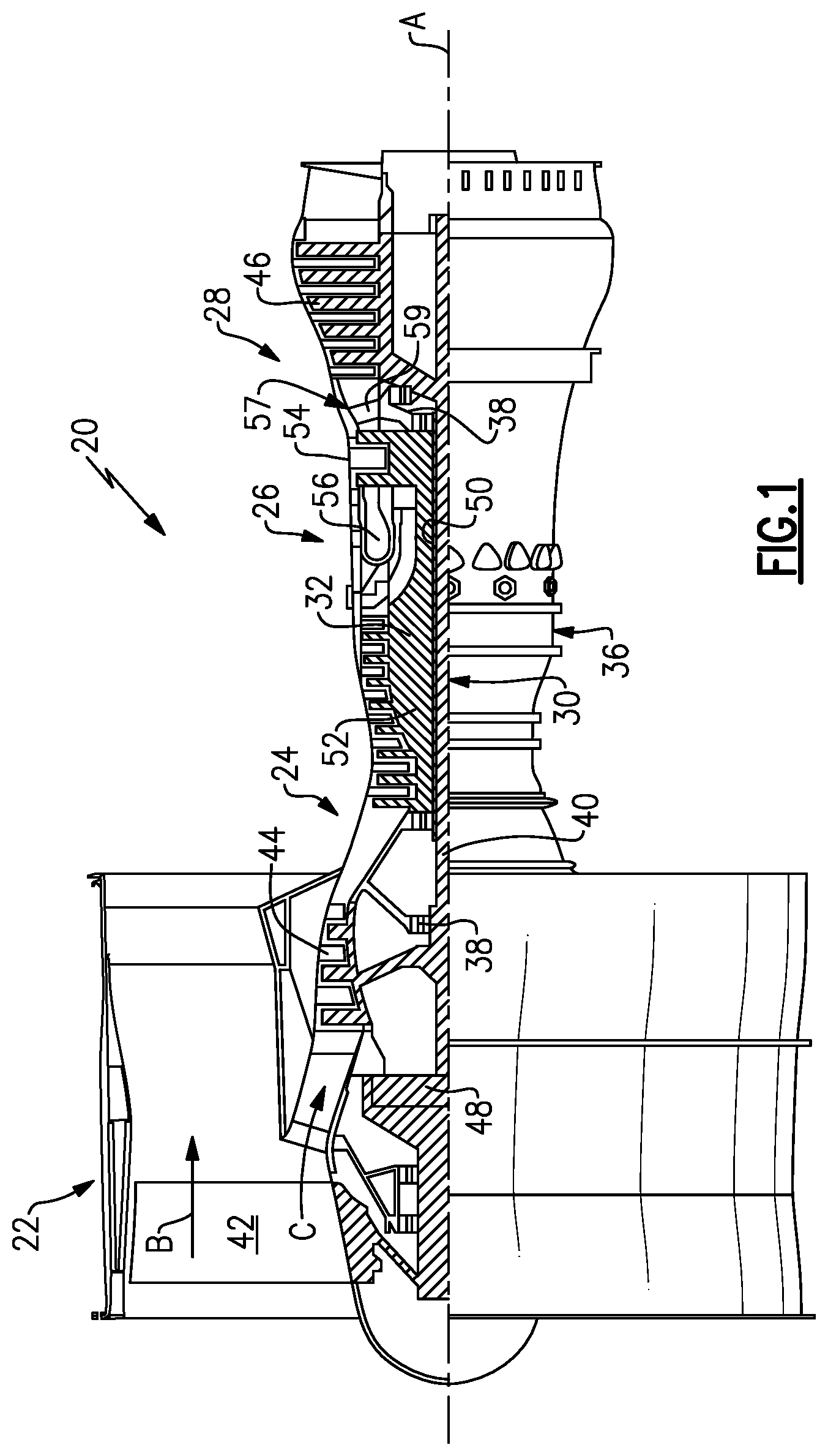 Patent US11773787 — Method of assembly for gas turbine fan drive gear system — Figure 1