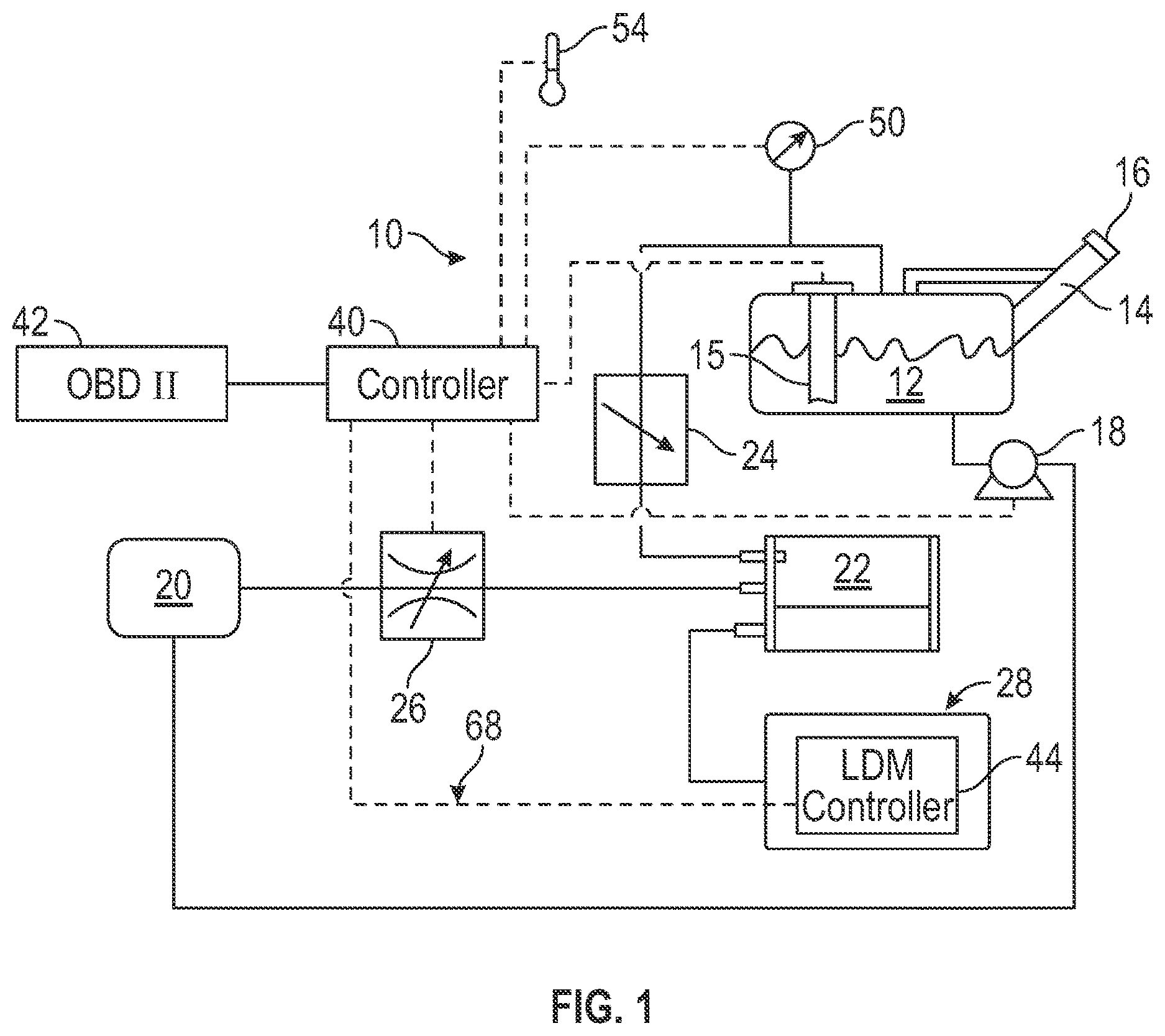 Patent US11773809 — Evaporative emissions leak check module with integrated control and communication system — Figure 1