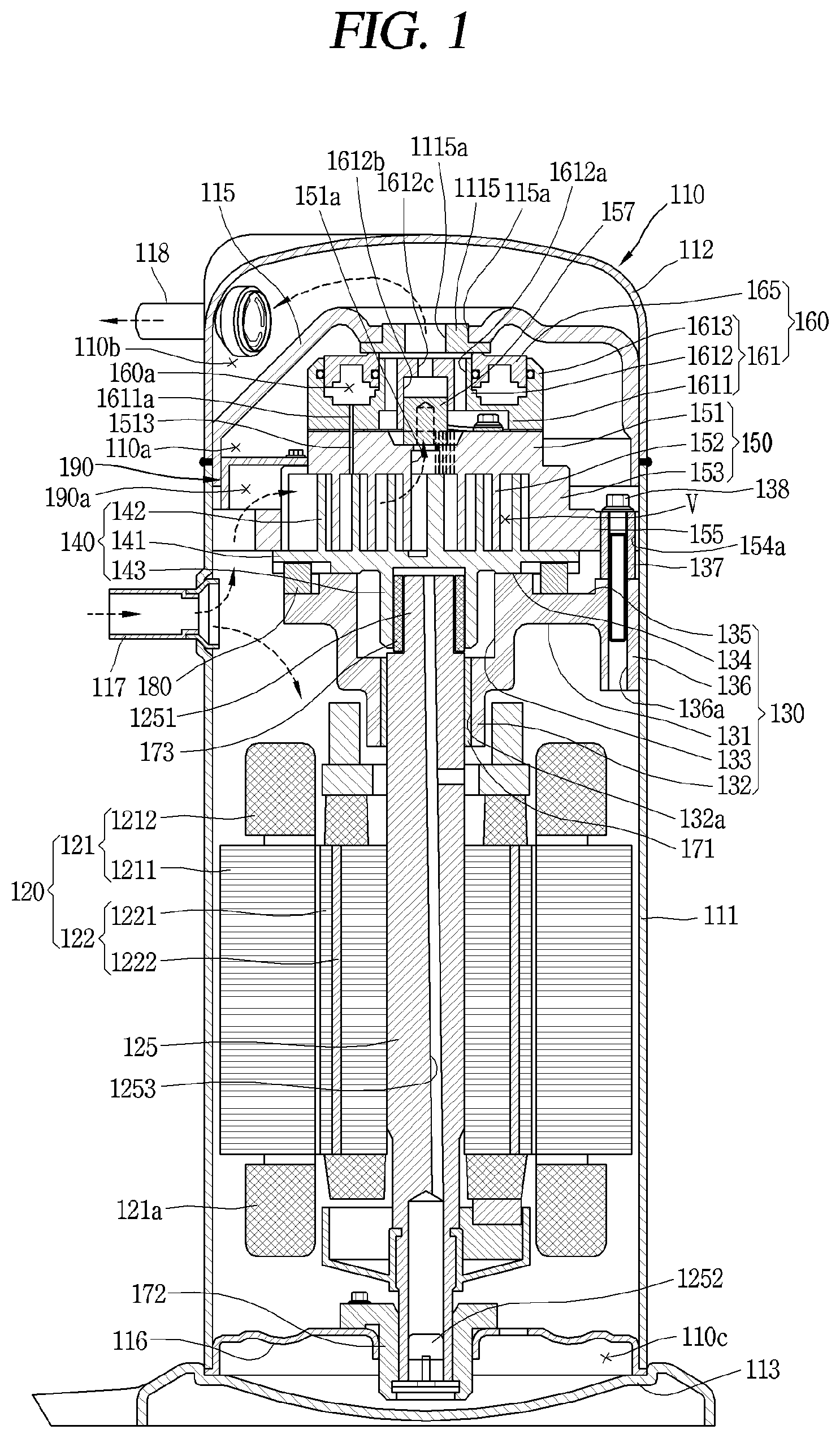 Patent US11773851 — Scroll compressor including suction guide — Figure 1
