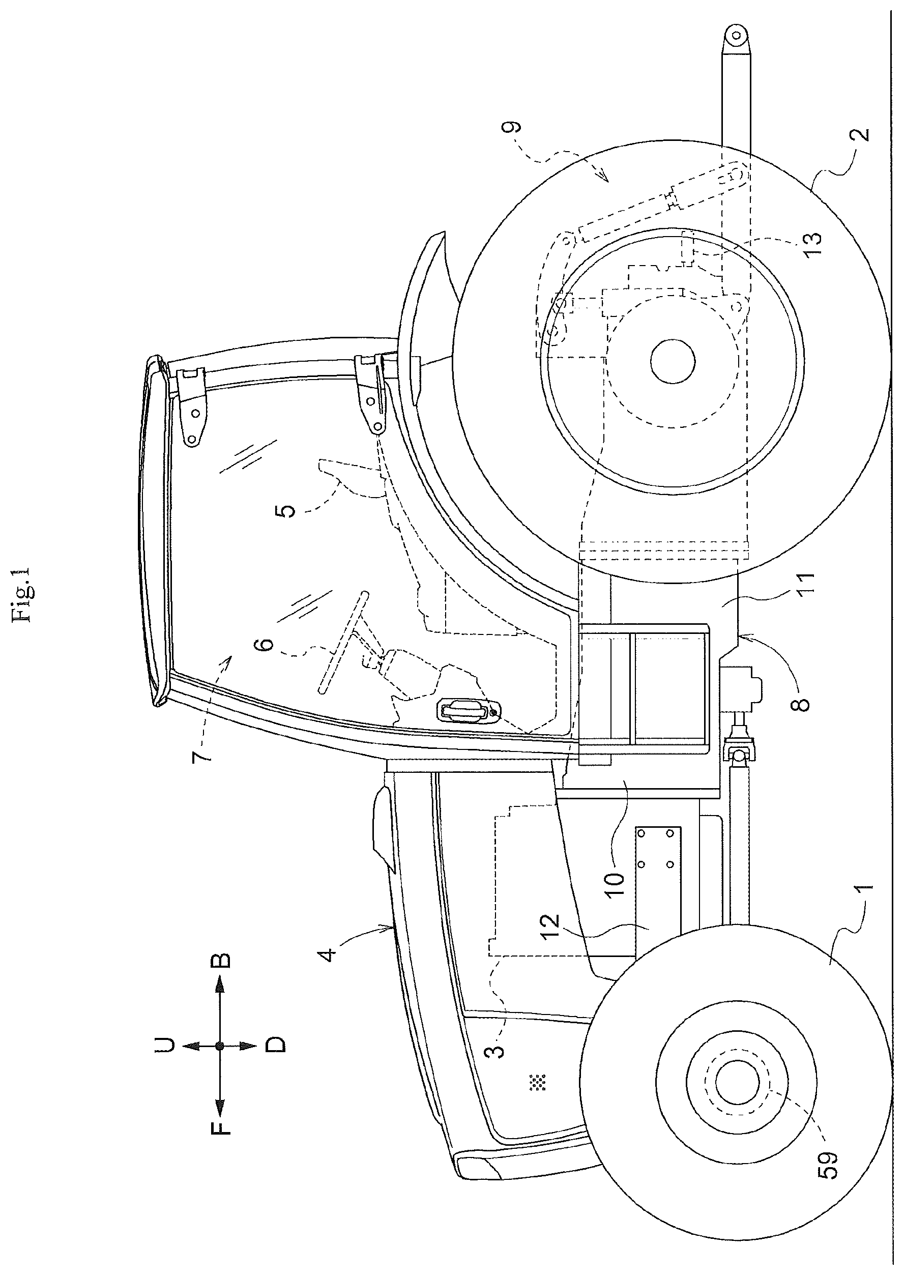 Patent US11773950 — Tractor, travel power transmission apparatus for a tractor, and tractor provided with the travel power transmission apparatus for a tractor — Figure 1