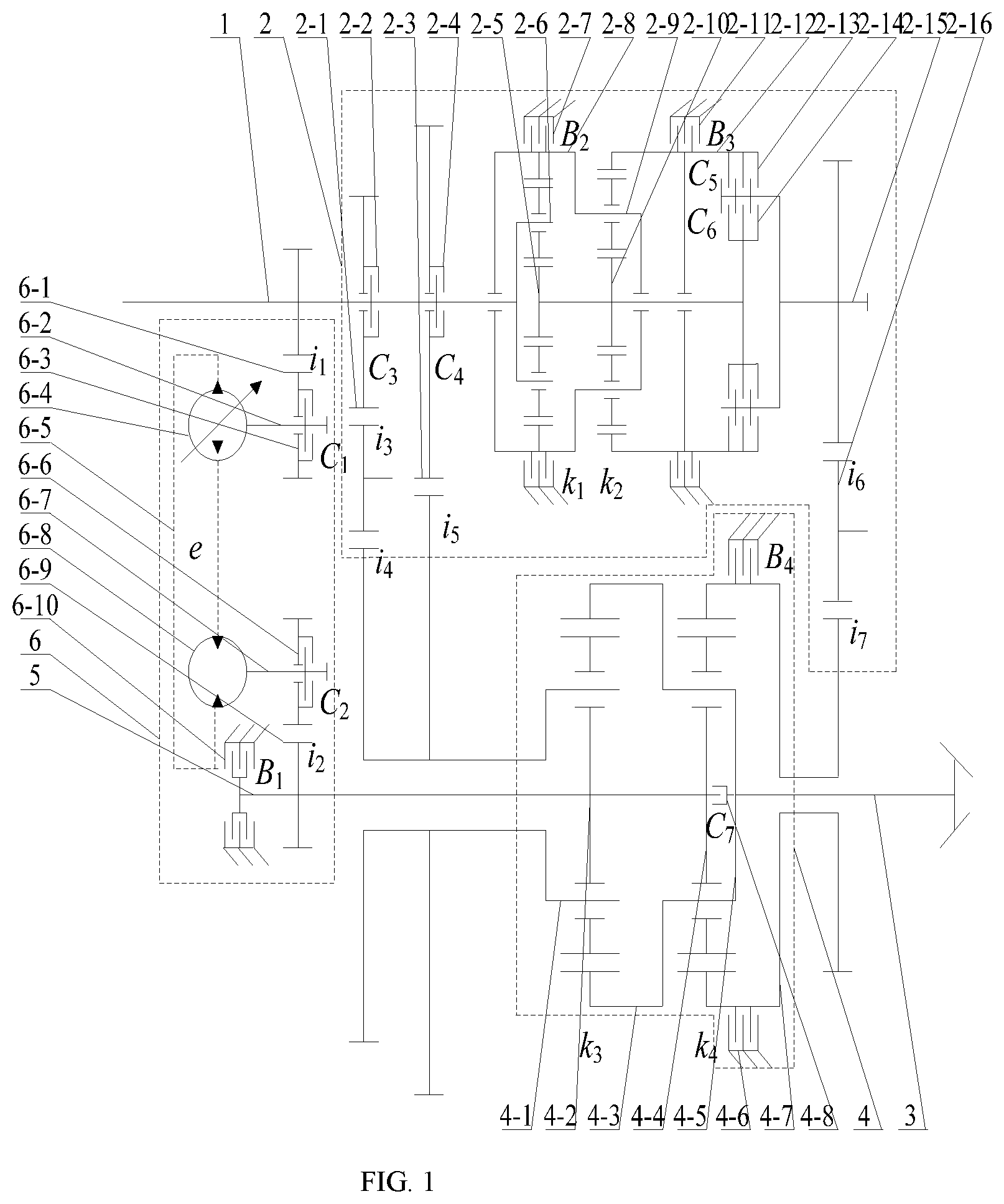 Patent US11773954 Figure 1 – Multi-mode hydro-mechanical hybrid transmission device